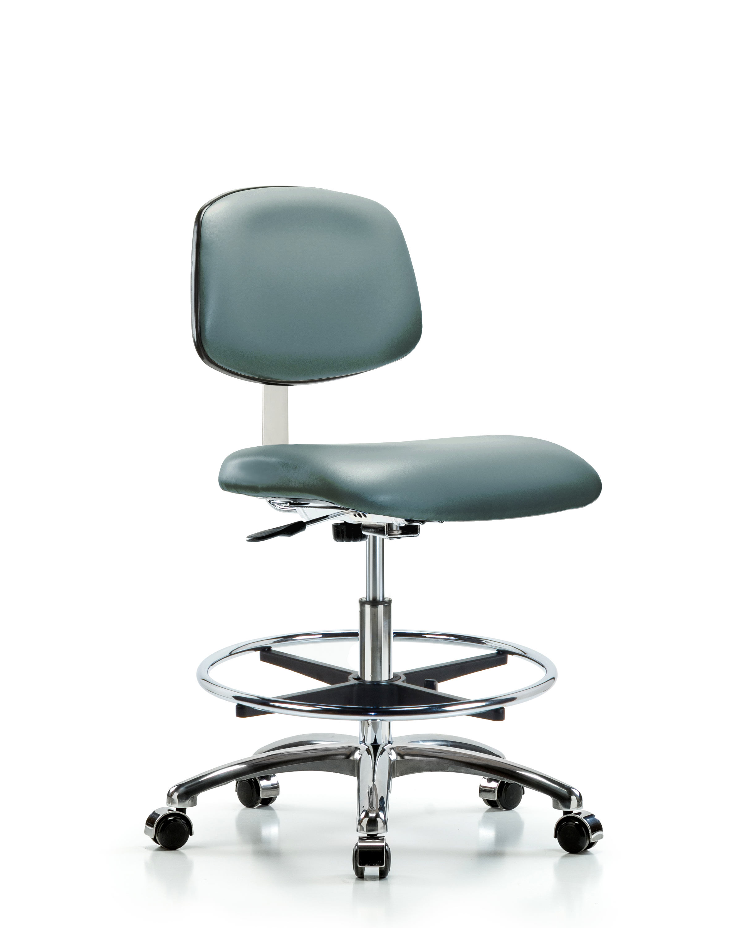 Class 10 Clean Room Vinyl Chair Chrome - Medium Bench Height with Chrome Foot Ring & Casters in Storm Supernova Vinyl
