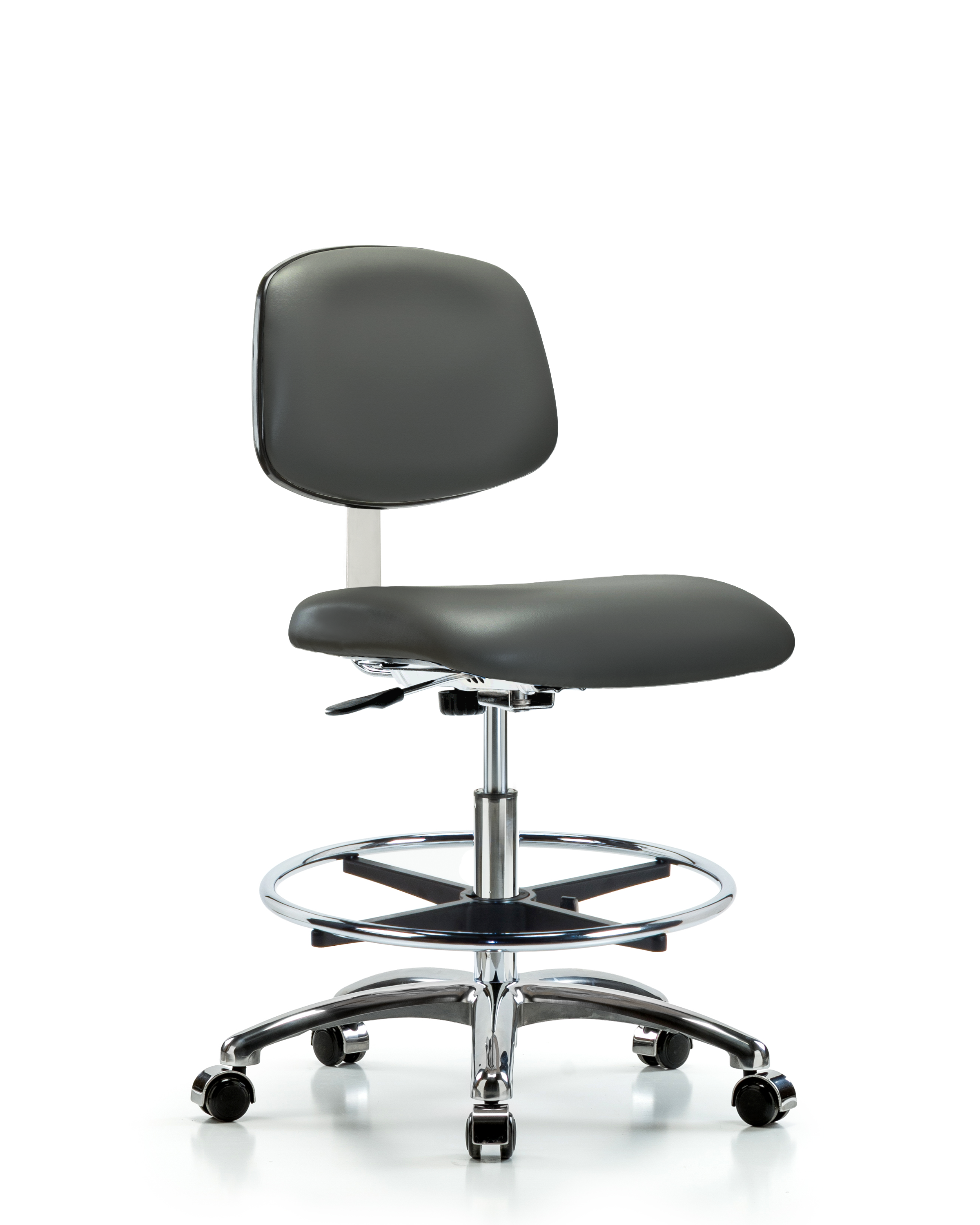Class 10 Clean Room Vinyl Chair Chrome - Medium Bench Height with Chrome Foot Ring & Casters in Carbon Supernova Vinyl