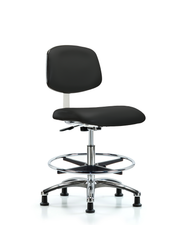 Class 10 Clean Room Vinyl Chair Chrome - Medium Bench Height with Chrome Foot Ring & Stationary Glides in Black Trailblazer Vinyl