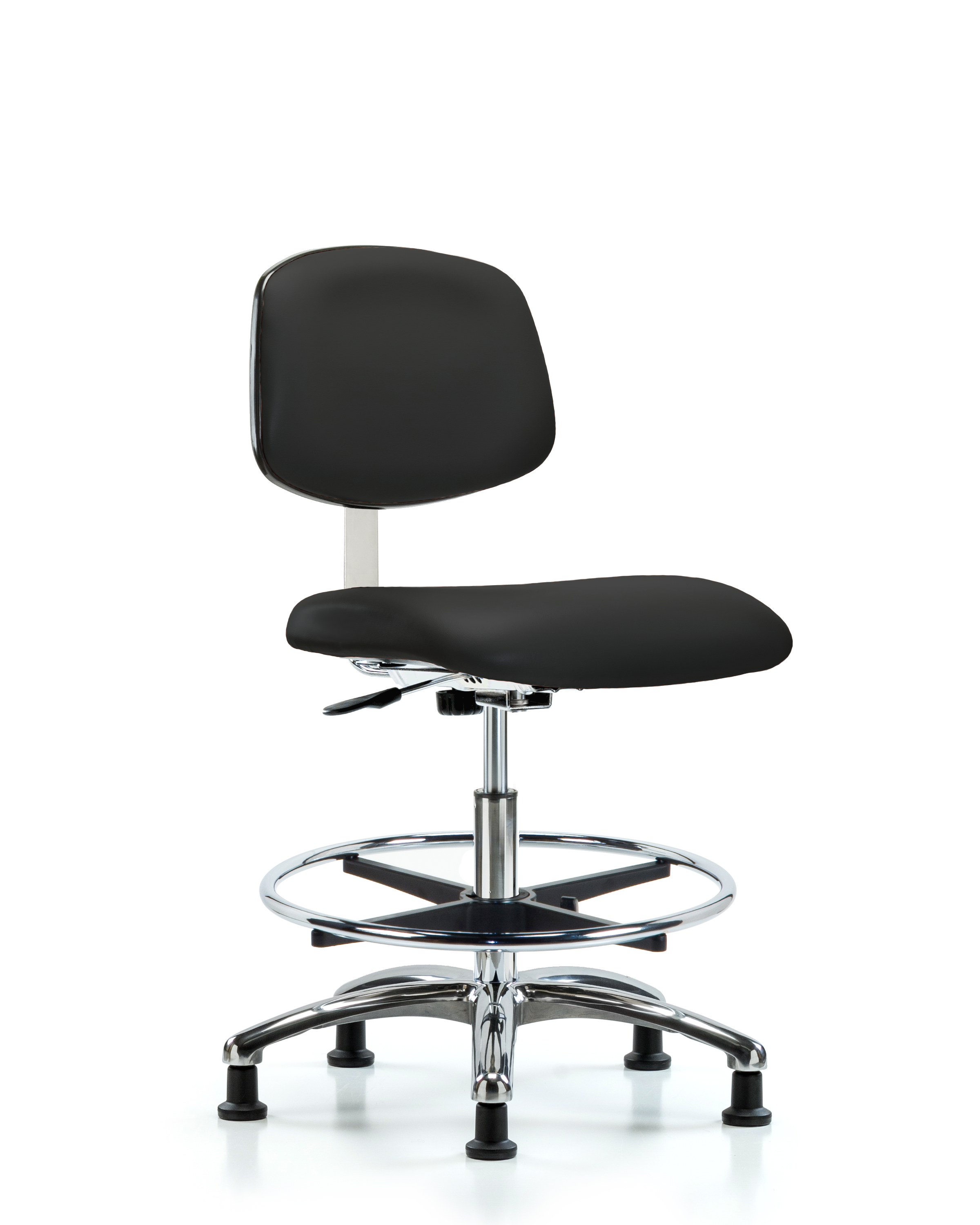 Class 10 Clean Room Vinyl Chair Chrome - Medium Bench Height with Chrome Foot Ring & Stationary Glides in Black Trailblazer Vinyl