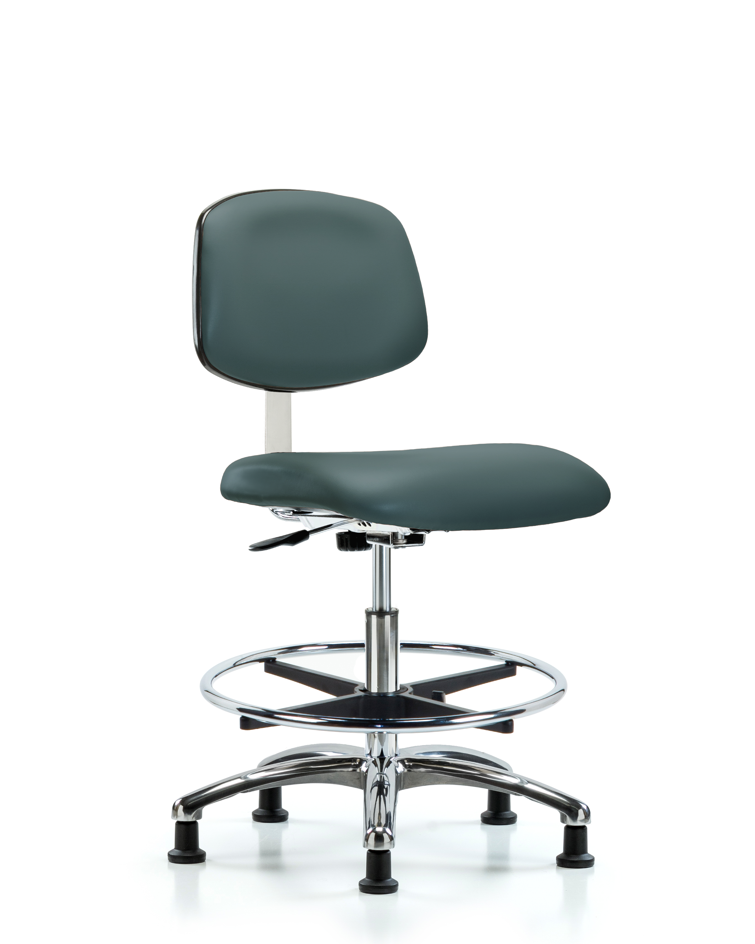 Class 10 Clean Room Vinyl Chair Chrome - Medium Bench Height with Chrome Foot Ring & Stationary Glides in Colonial Blue Trailblazer Vinyl