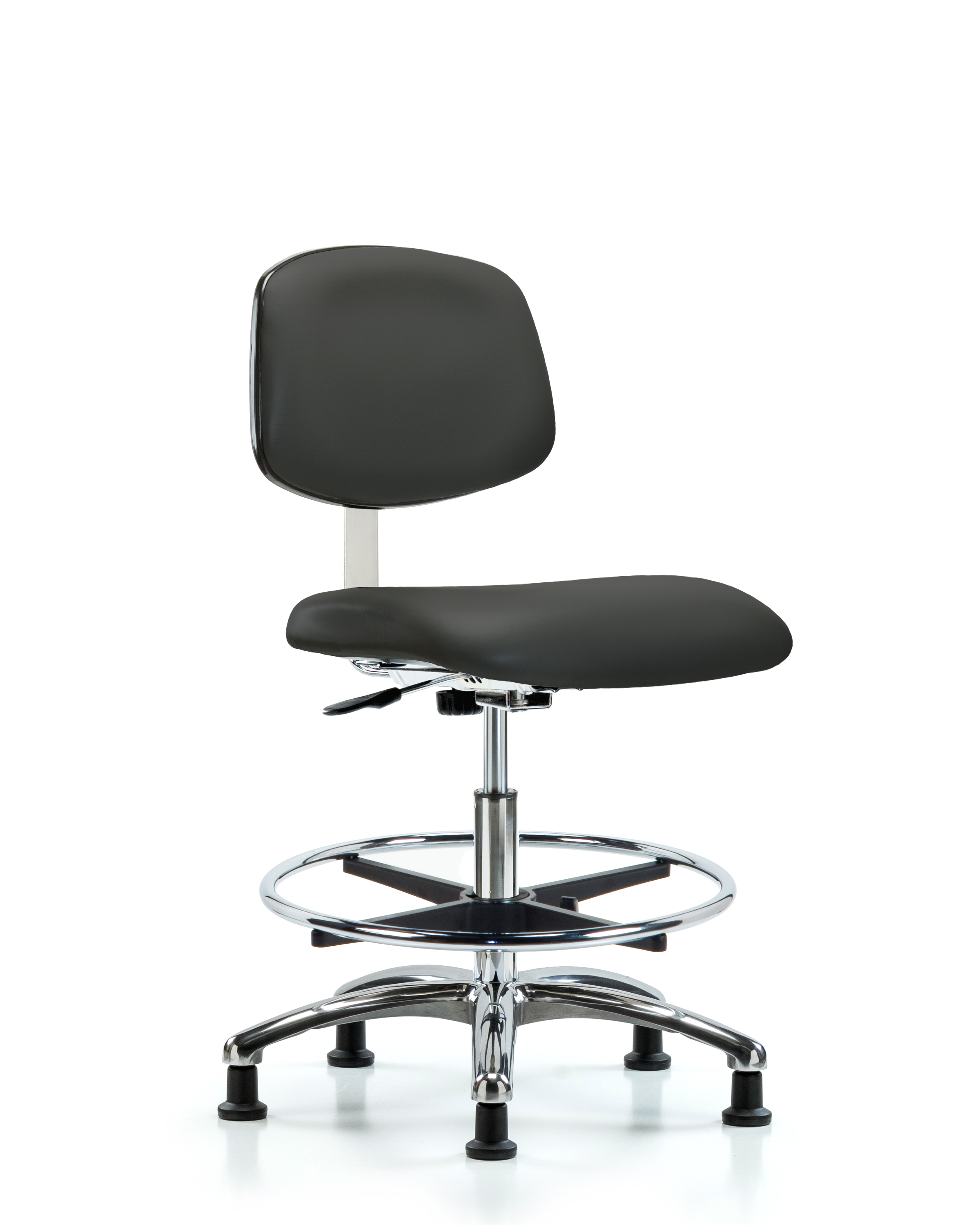 Class 10 Clean Room Vinyl Chair Chrome - Medium Bench Height with Chrome Foot Ring & Stationary Glides in Charcoal Trailblazer Vinyl