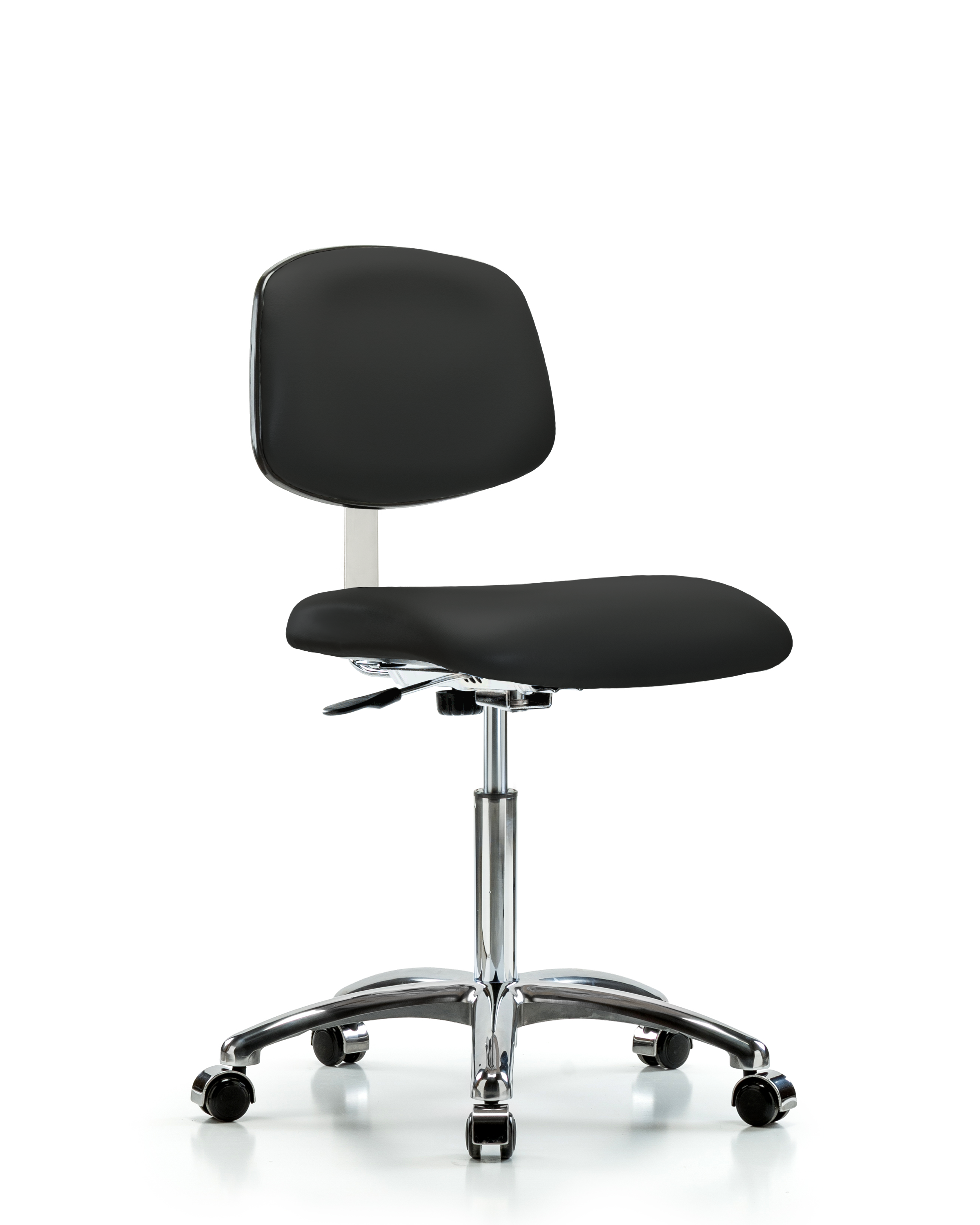 Class 10 Clean Room Vinyl Chair Chrome - Medium Bench Height with Casters in Black Trailblazer Vinyl