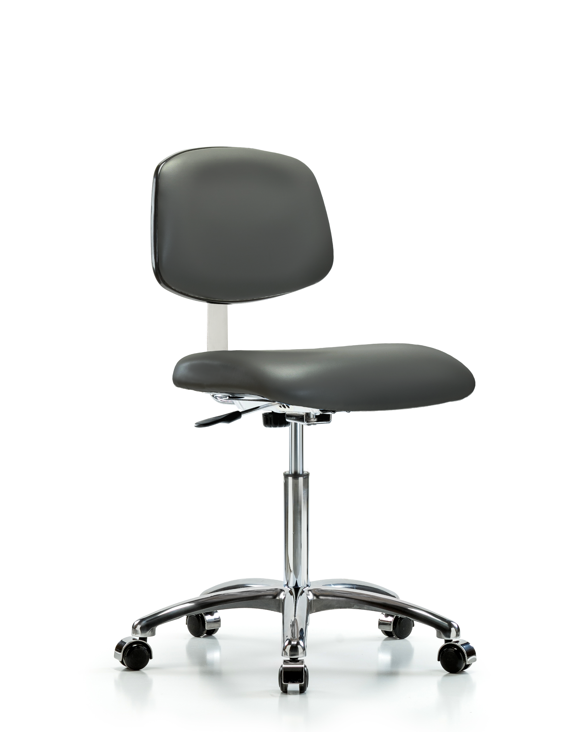 Class 10 Clean Room Vinyl Chair Chrome - Medium Bench Height with Casters in Carbon Supernova Vinyl