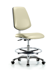 Class 10 Clean Room Vinyl Chair Chrome - Medium Bench Height with Medium Back, Chrome Foot Ring, & Casters in Adobe White Trailblazer Vinyl