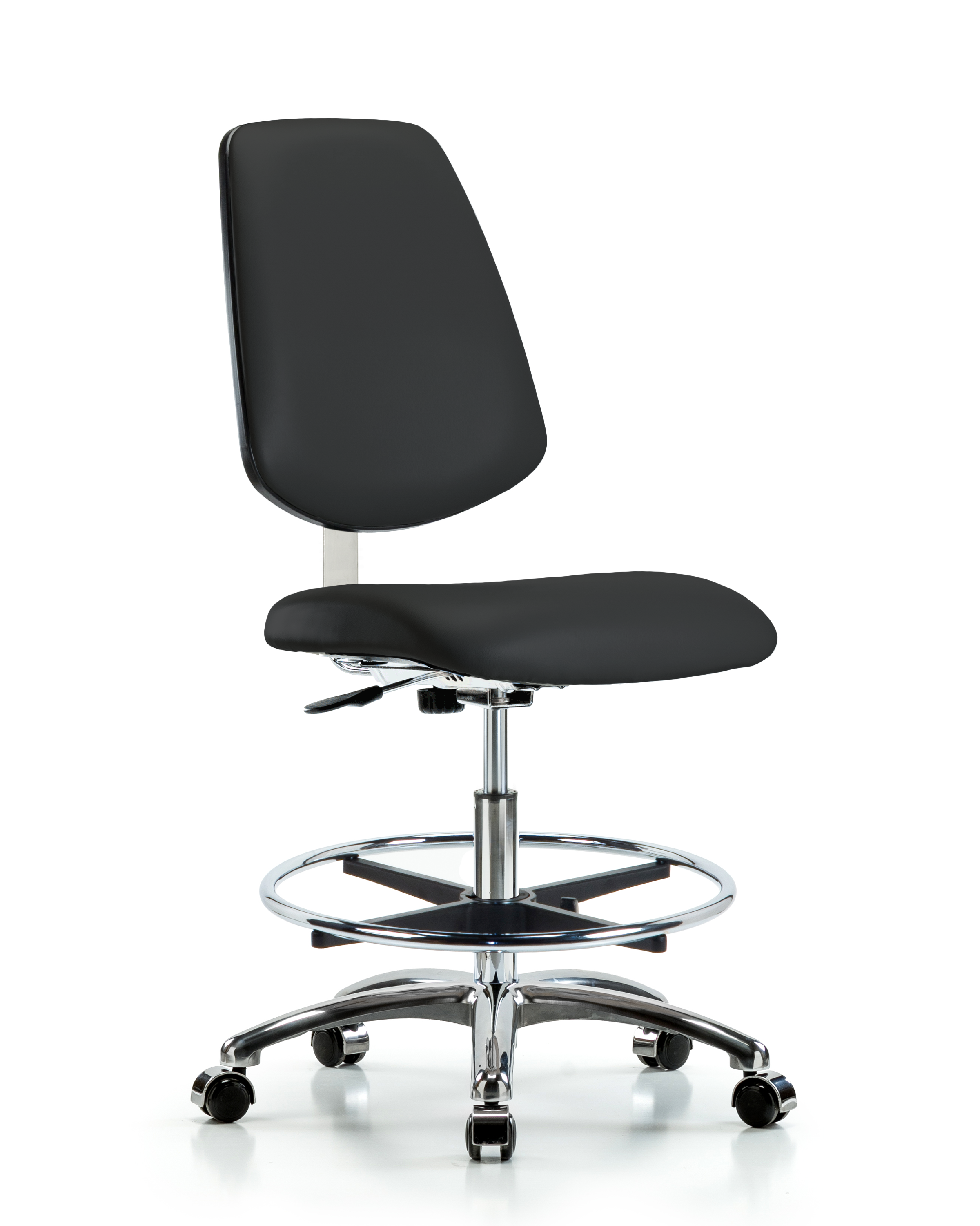 Class 10 Clean Room Vinyl Chair Chrome - Medium Bench Height with Medium Back, Chrome Foot Ring, & Casters in Black Trailblazer Vinyl