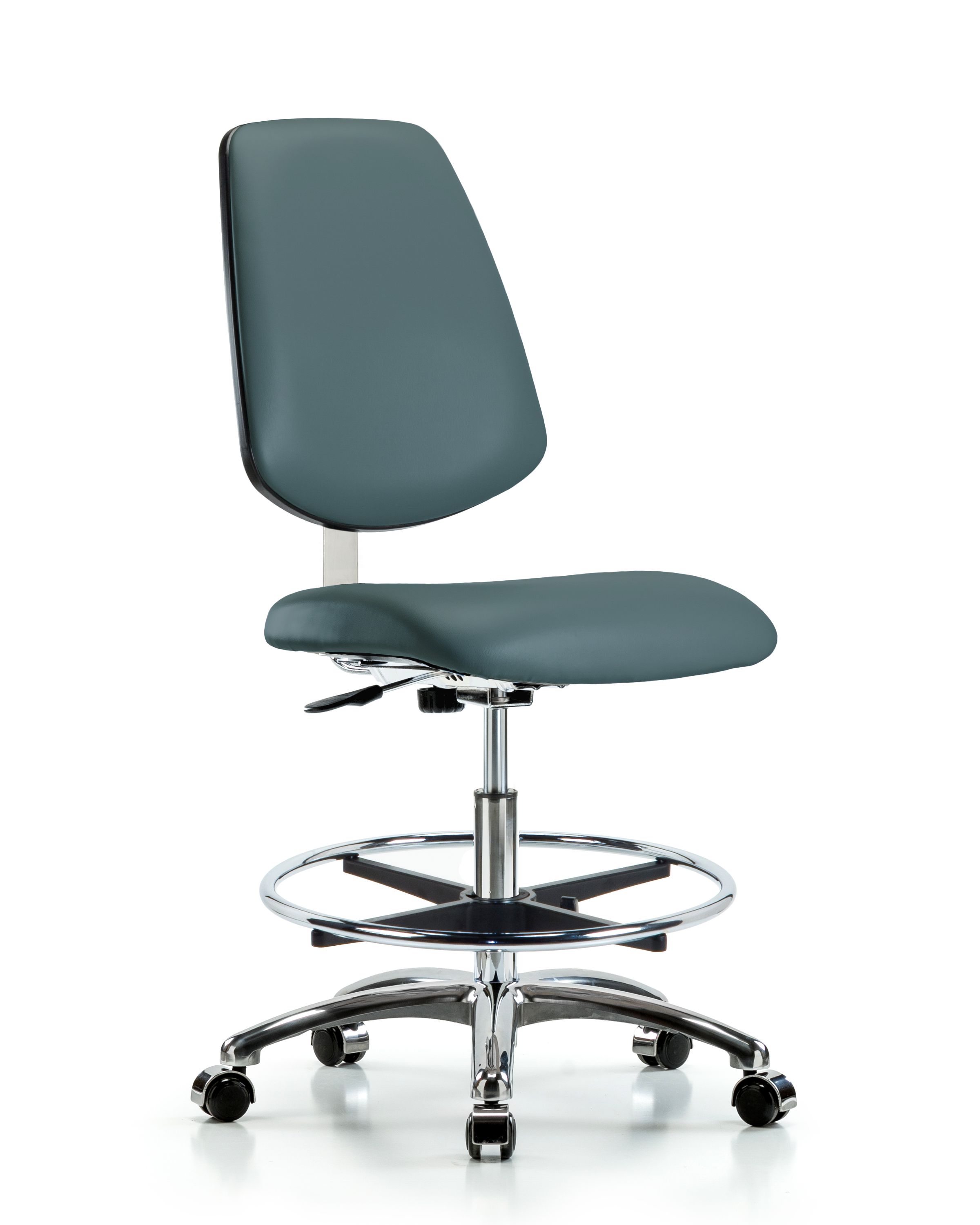 Class 10 Clean Room Vinyl Chair Chrome - Medium Bench Height with Medium Back, Chrome Foot Ring, & Casters in Colonial Blue Trailblazer Vinyl
