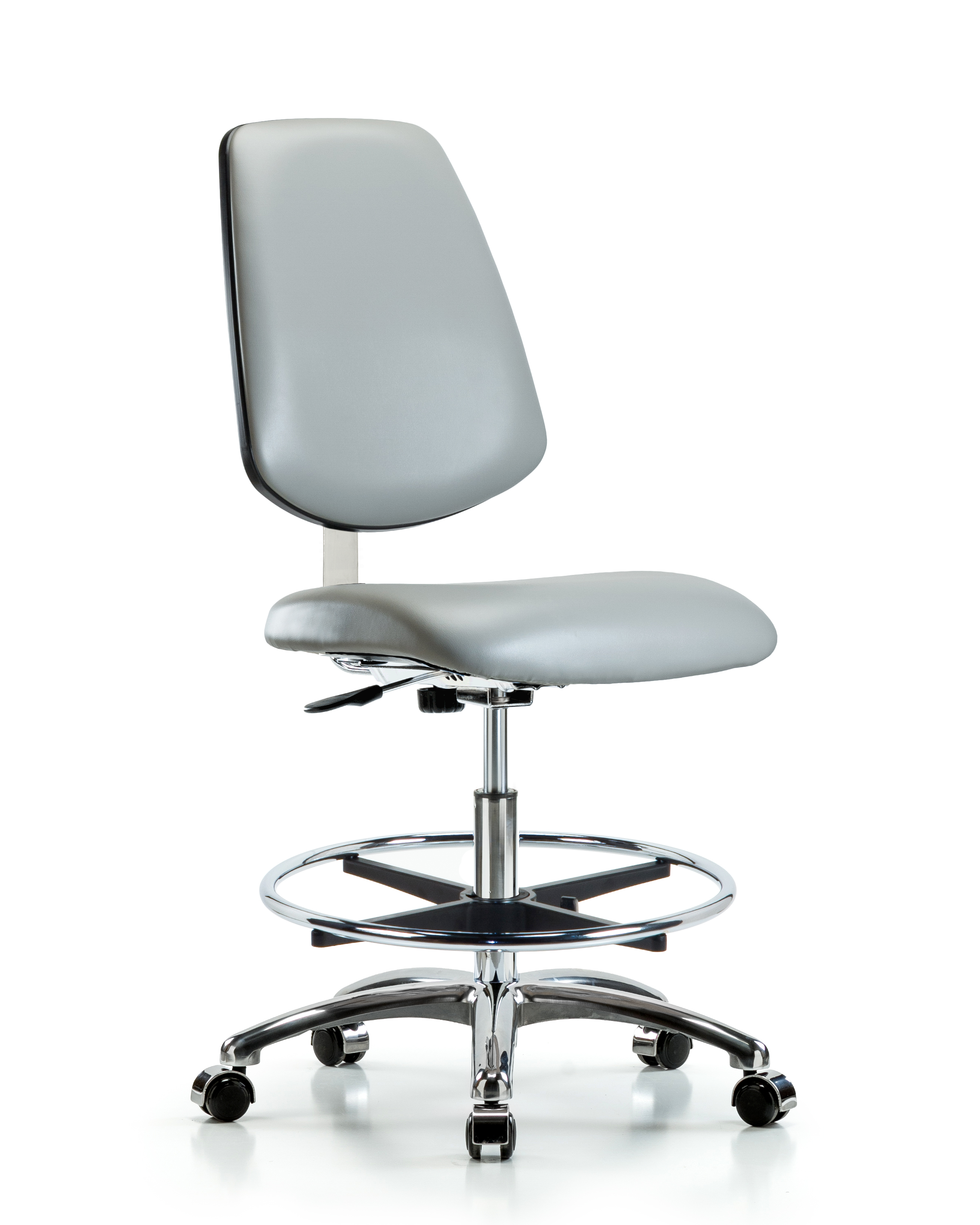 Class 10 Clean Room Vinyl Chair Chrome - Medium Bench Height with Medium Back, Chrome Foot Ring, & Casters in Dove Trailblazer Vinyl