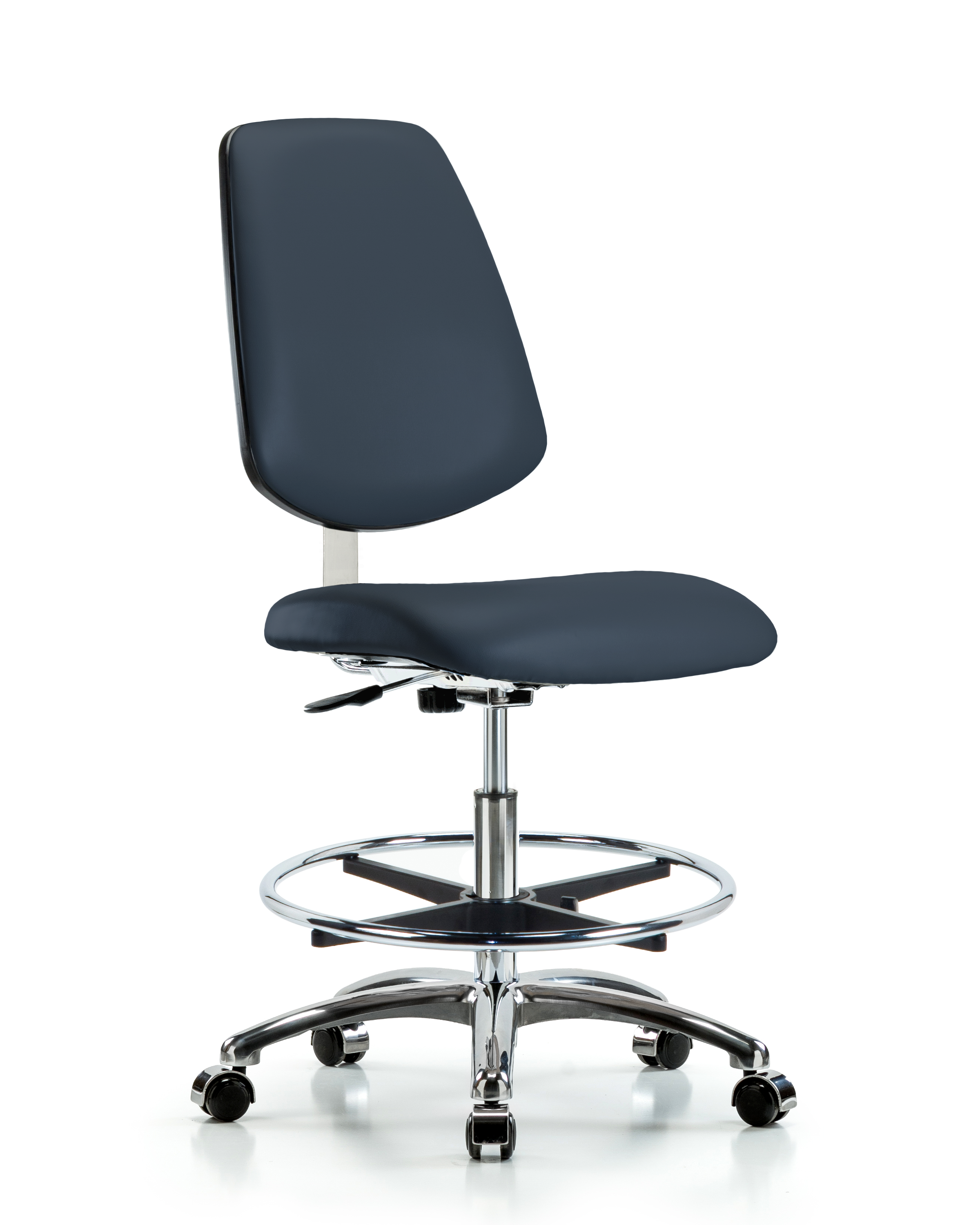Class 10 Clean Room Vinyl Chair Chrome - Medium Bench Height with Medium Back, Chrome Foot Ring, & Casters in Imperial Blue Trailblazer Vinyl