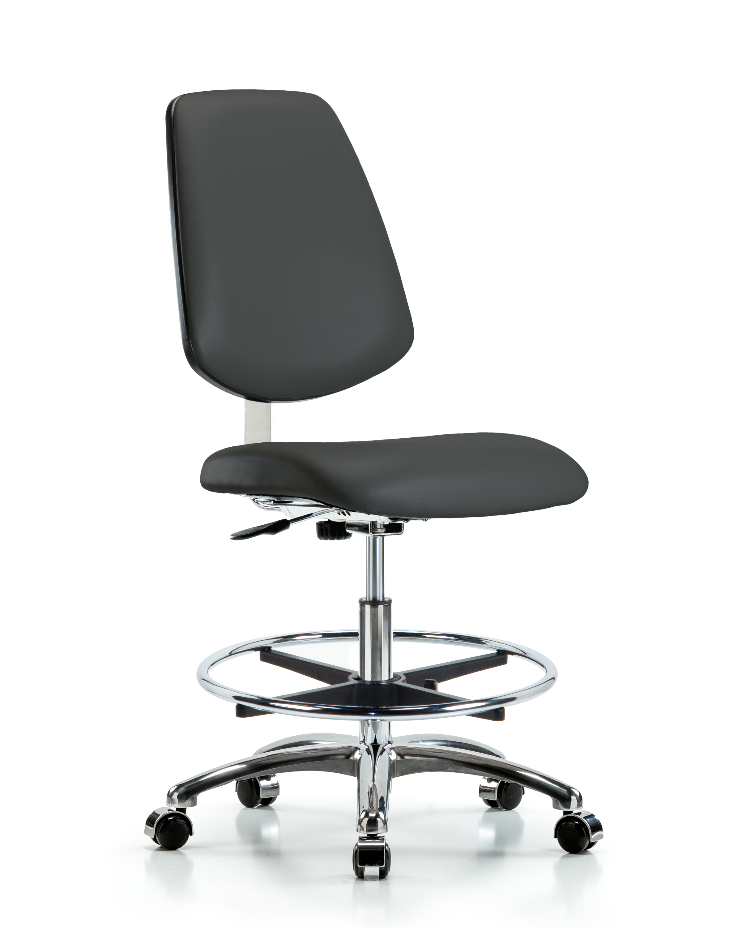 Class 10 Clean Room Vinyl Chair Chrome - Medium Bench Height with Medium Back, Chrome Foot Ring, & Casters in Charcoal Trailblazer Vinyl