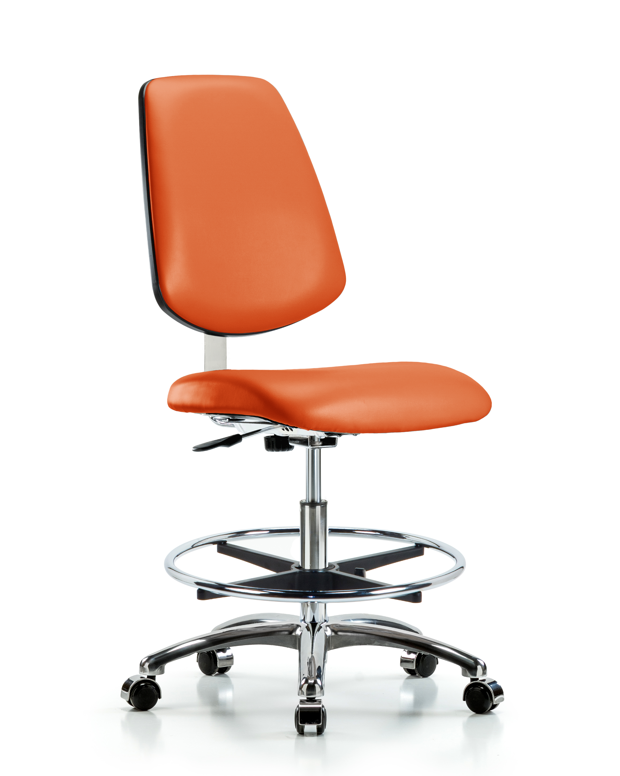 Class 10 Clean Room Vinyl Chair Chrome - Medium Bench Height with Medium Back, Chrome Foot Ring, & Casters in Orange Kist Trailblazer Vinyl