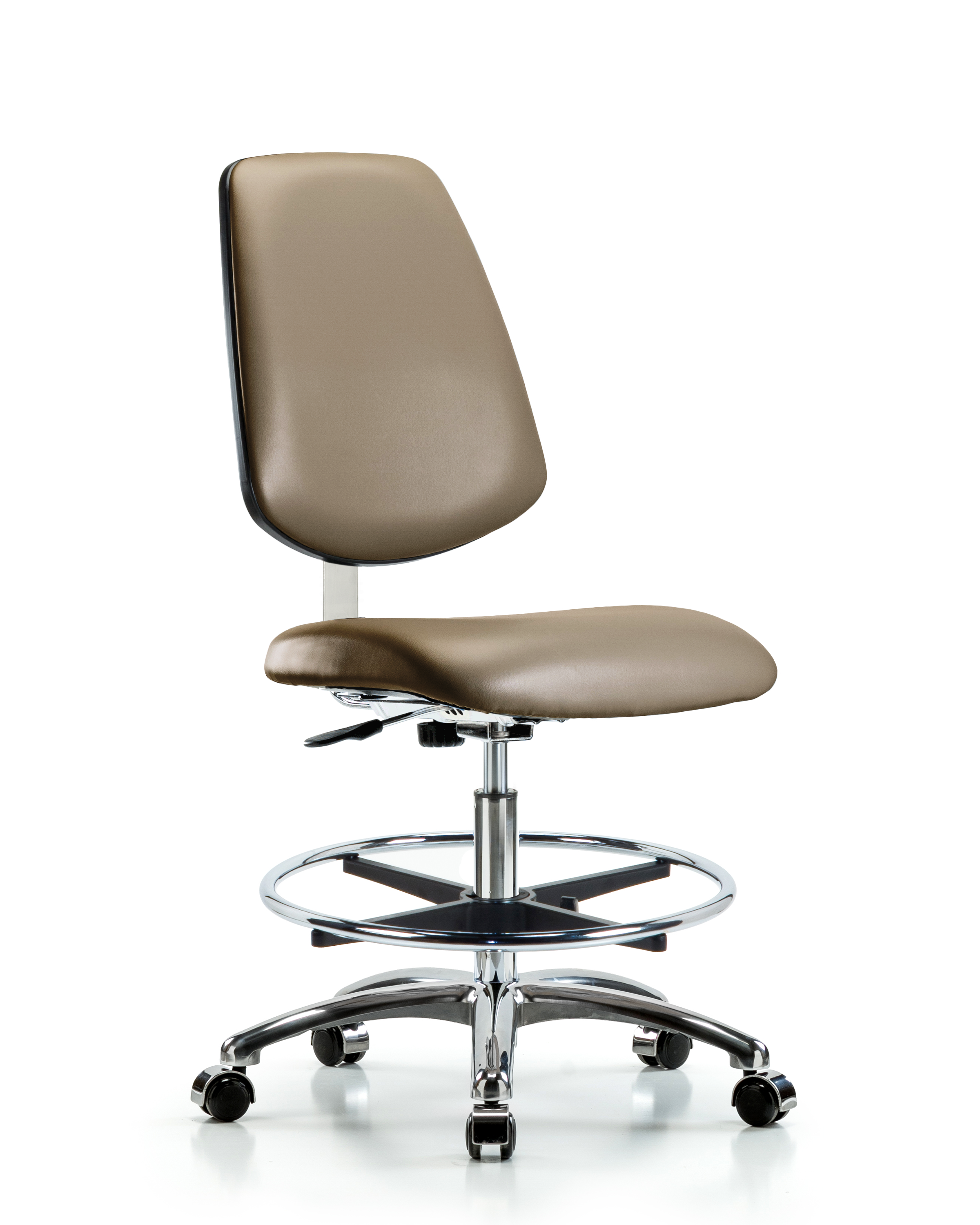 Class 10 Clean Room Vinyl Chair Chrome - Medium Bench Height with Medium Back, Chrome Foot Ring, & Casters in Taupe Supernova Vinyl