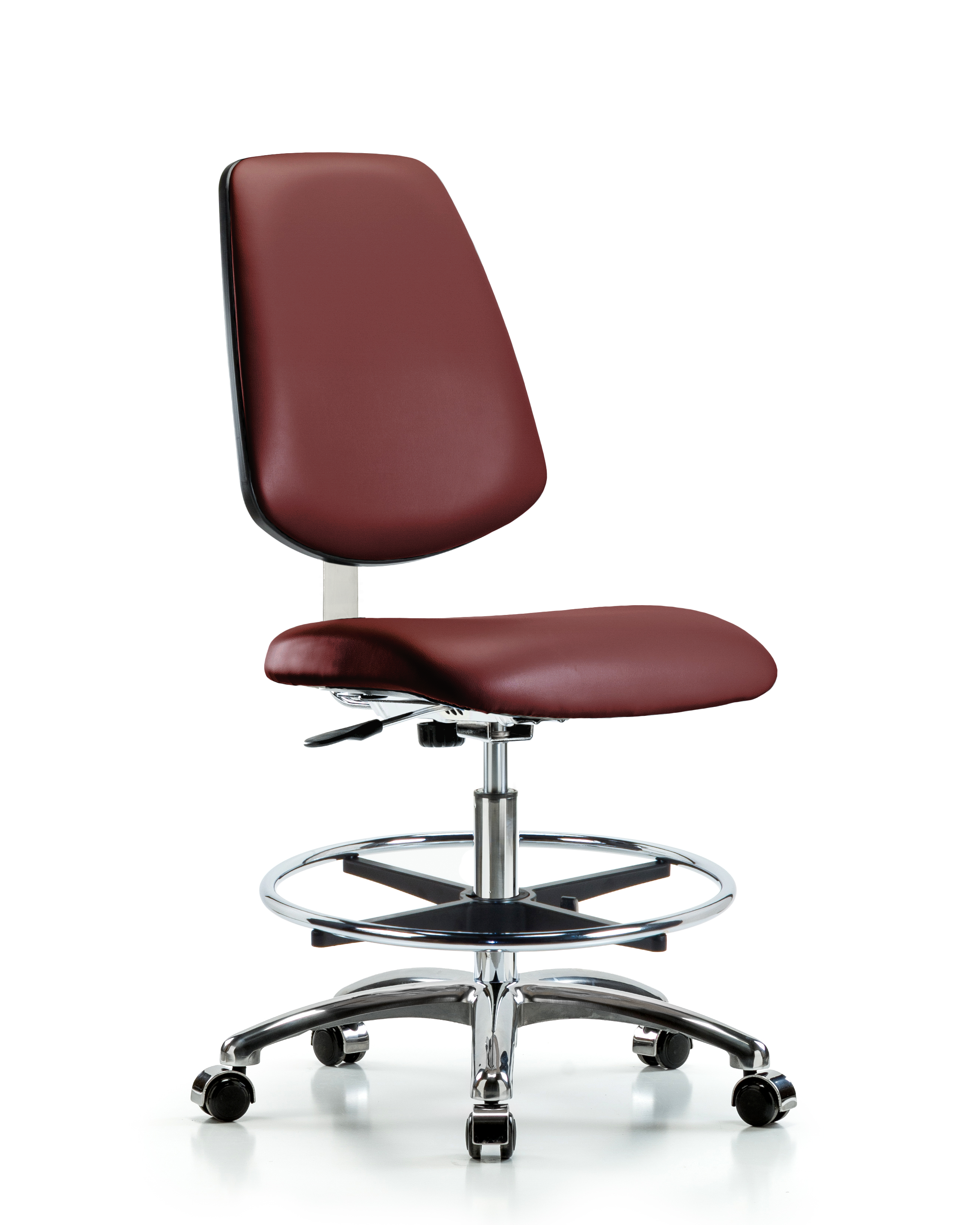 Class 10 Clean Room Vinyl Chair Chrome - Medium Bench Height with Medium Back, Chrome Foot Ring, & Casters in Borscht Supernova Vinyl
