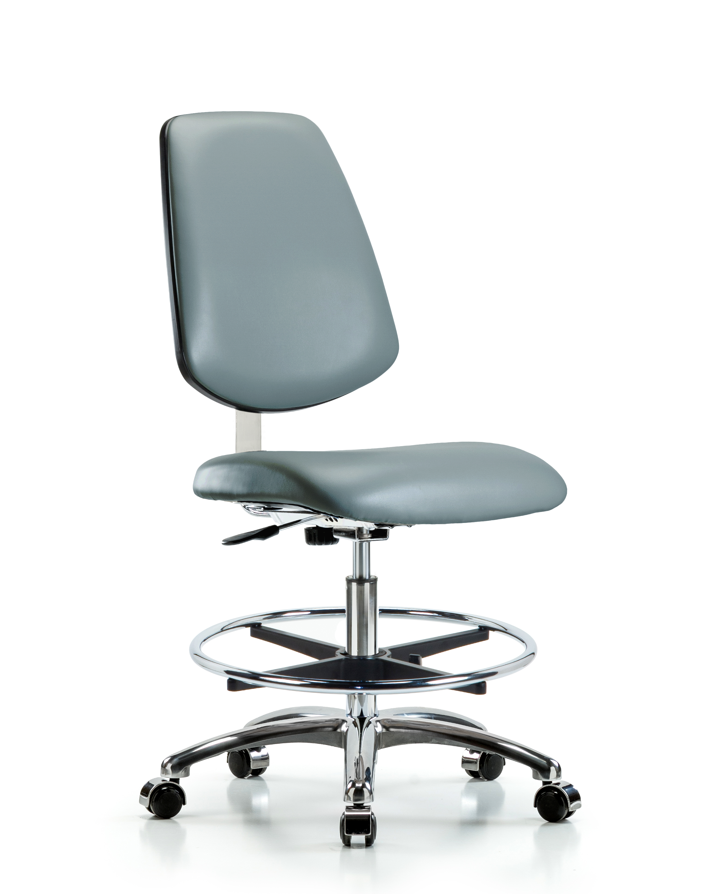 Class 10 Clean Room Vinyl Chair Chrome - Medium Bench Height with Medium Back, Chrome Foot Ring, & Casters in Storm Supernova Vinyl