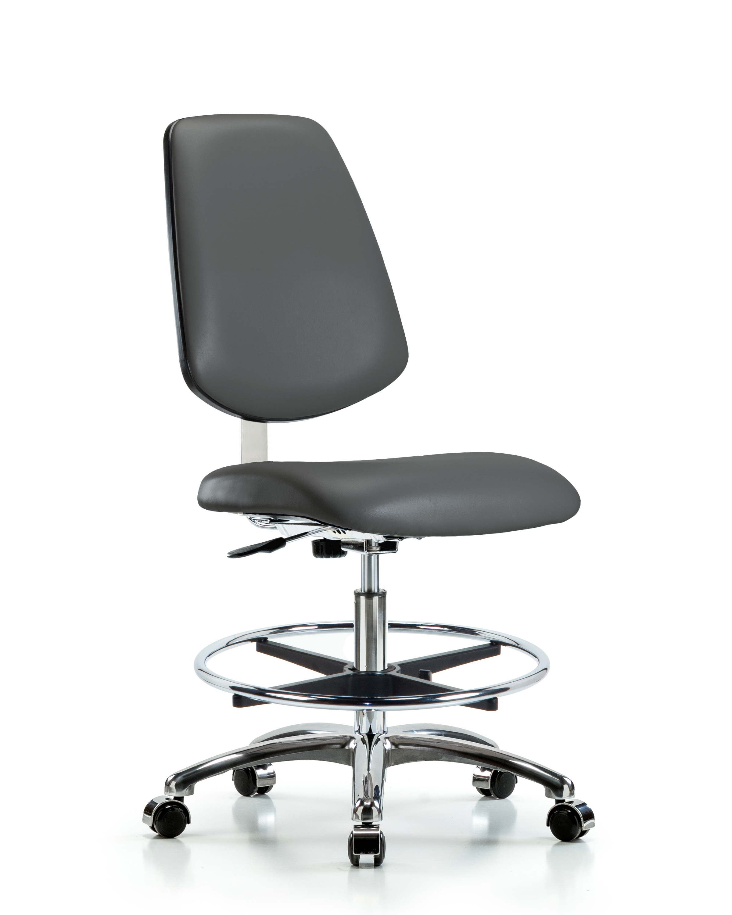 Class 10 Clean Room Vinyl Chair Chrome - Medium Bench Height with Medium Back, Chrome Foot Ring, & Casters in Carbon Supernova Vinyl