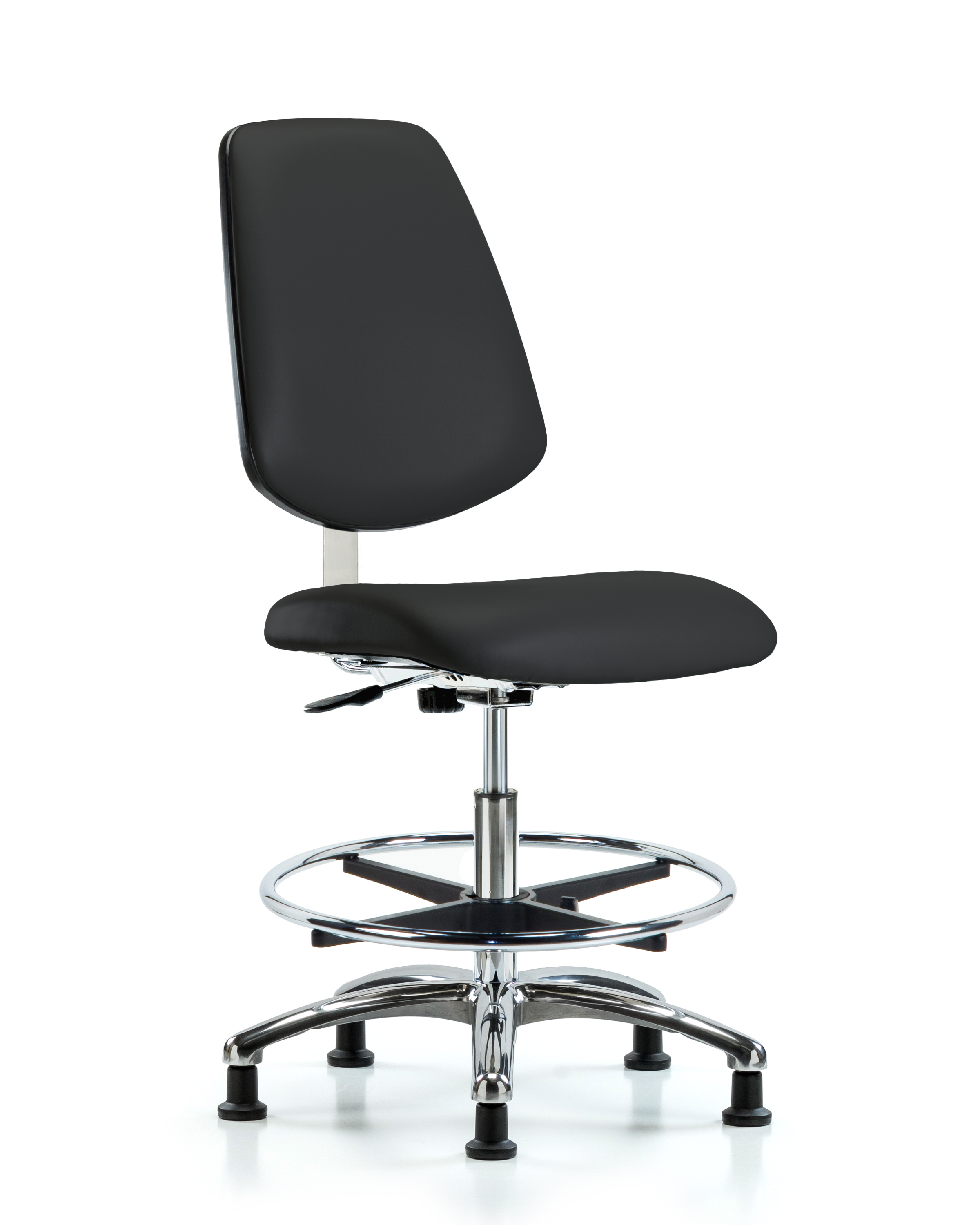 Class 10 Clean Room Vinyl Chair Chrome - Medium Bench Height with Medium Back, Chrome Foot Ring, & Stationary Glides in Black Trailblazer Vinyl