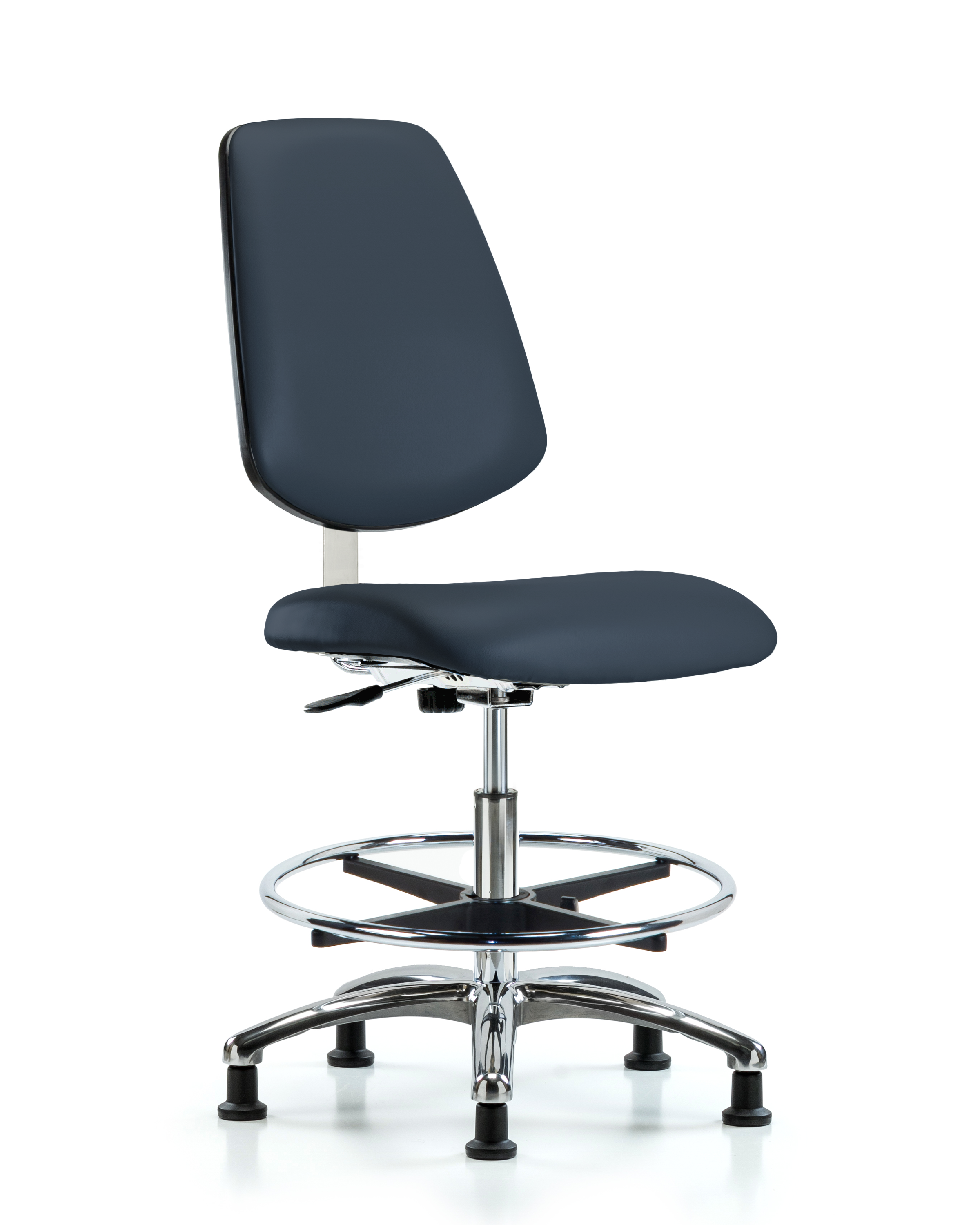 Class 10 Clean Room Vinyl Chair Chrome - Medium Bench Height with Medium Back, Chrome Foot Ring, & Stationary Glides in Imperial Blue Trailblazer Vinyl