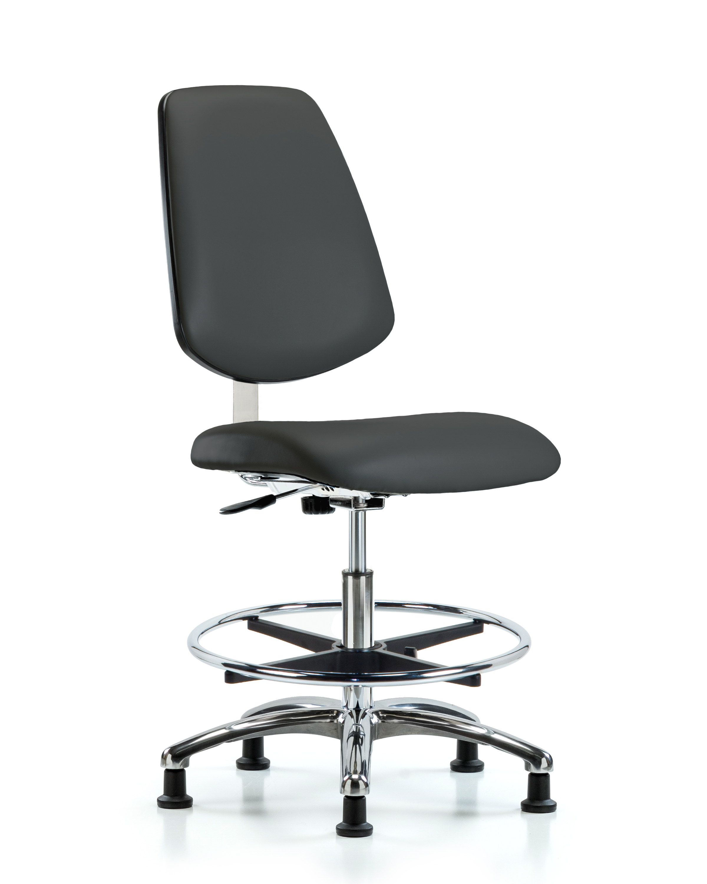 Class 10 Clean Room Vinyl Chair Chrome - Medium Bench Height with Medium Back, Chrome Foot Ring, & Stationary Glides in Charcoal Trailblazer Vinyl