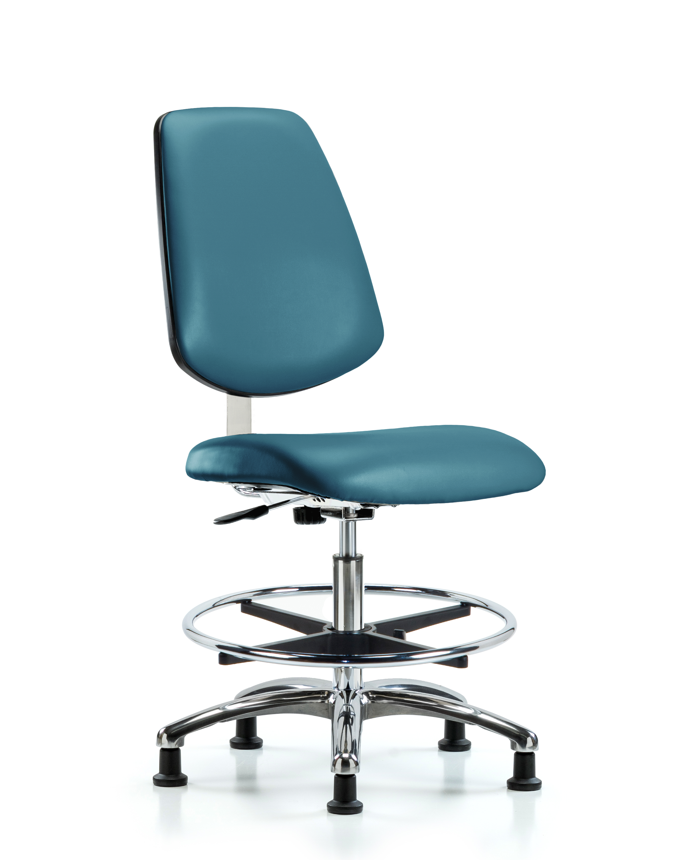 Class 10 Clean Room Vinyl Chair Chrome - Medium Bench Height with Medium Back, Chrome Foot Ring, & Stationary Glides in Marine Blue Supernova Vinyl