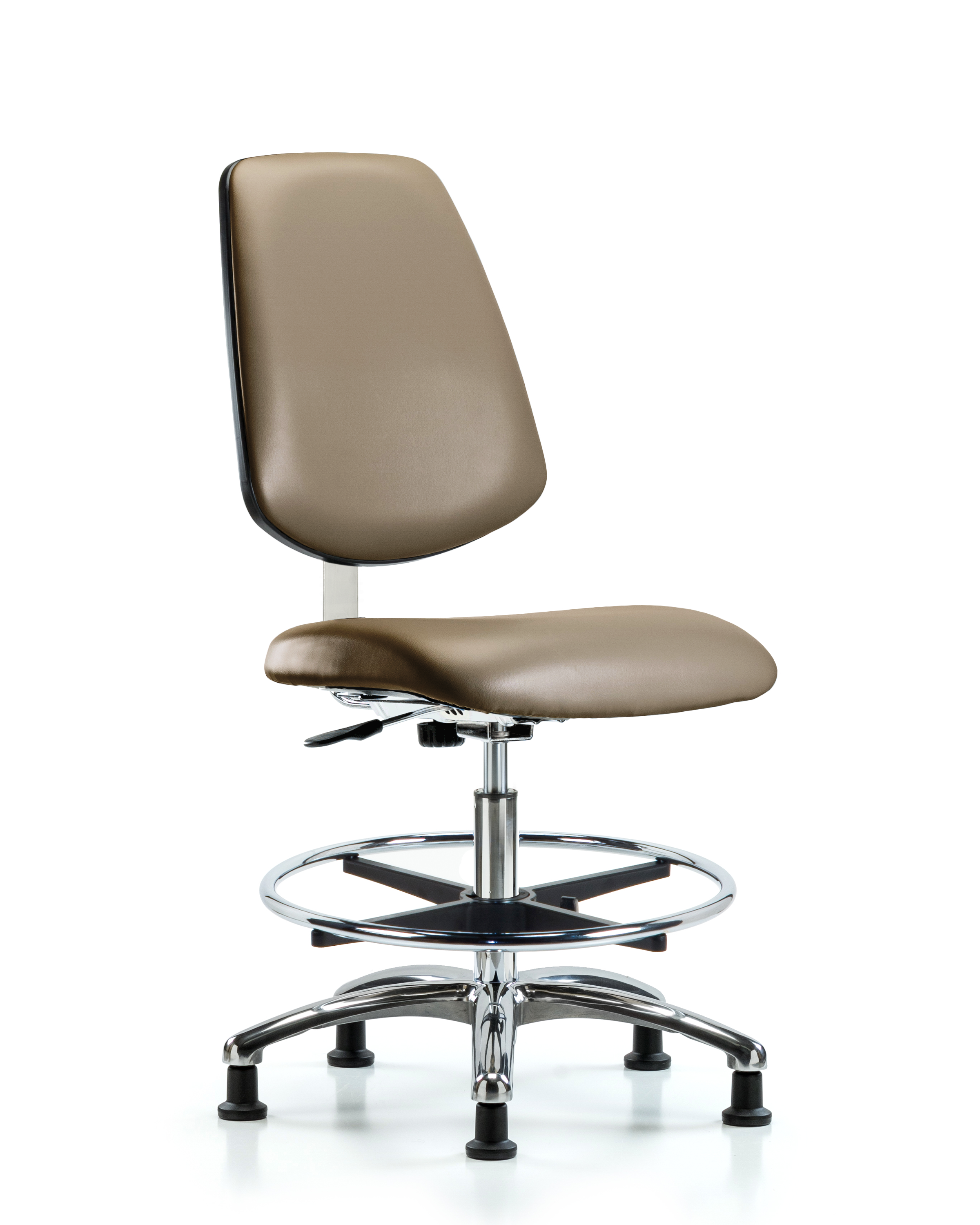 Class 10 Clean Room Vinyl Chair Chrome - Medium Bench Height with Medium Back, Chrome Foot Ring, & Stationary Glides in Taupe Supernova Vinyl