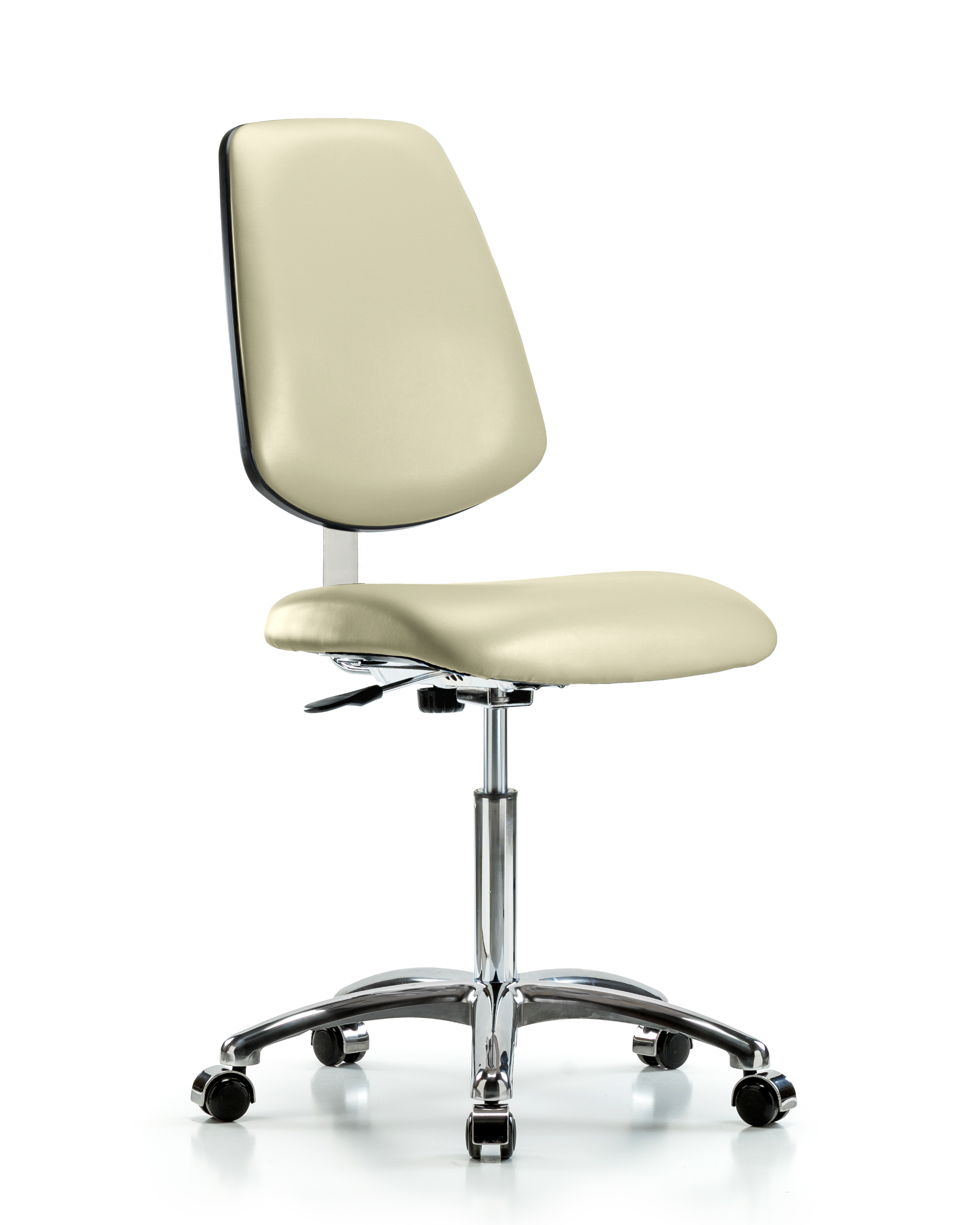 Class 10 Clean Room Vinyl Chair Chrome - Medium Bench Height with Medium Back & Casters in Adobe White Trailblazer Vinyl