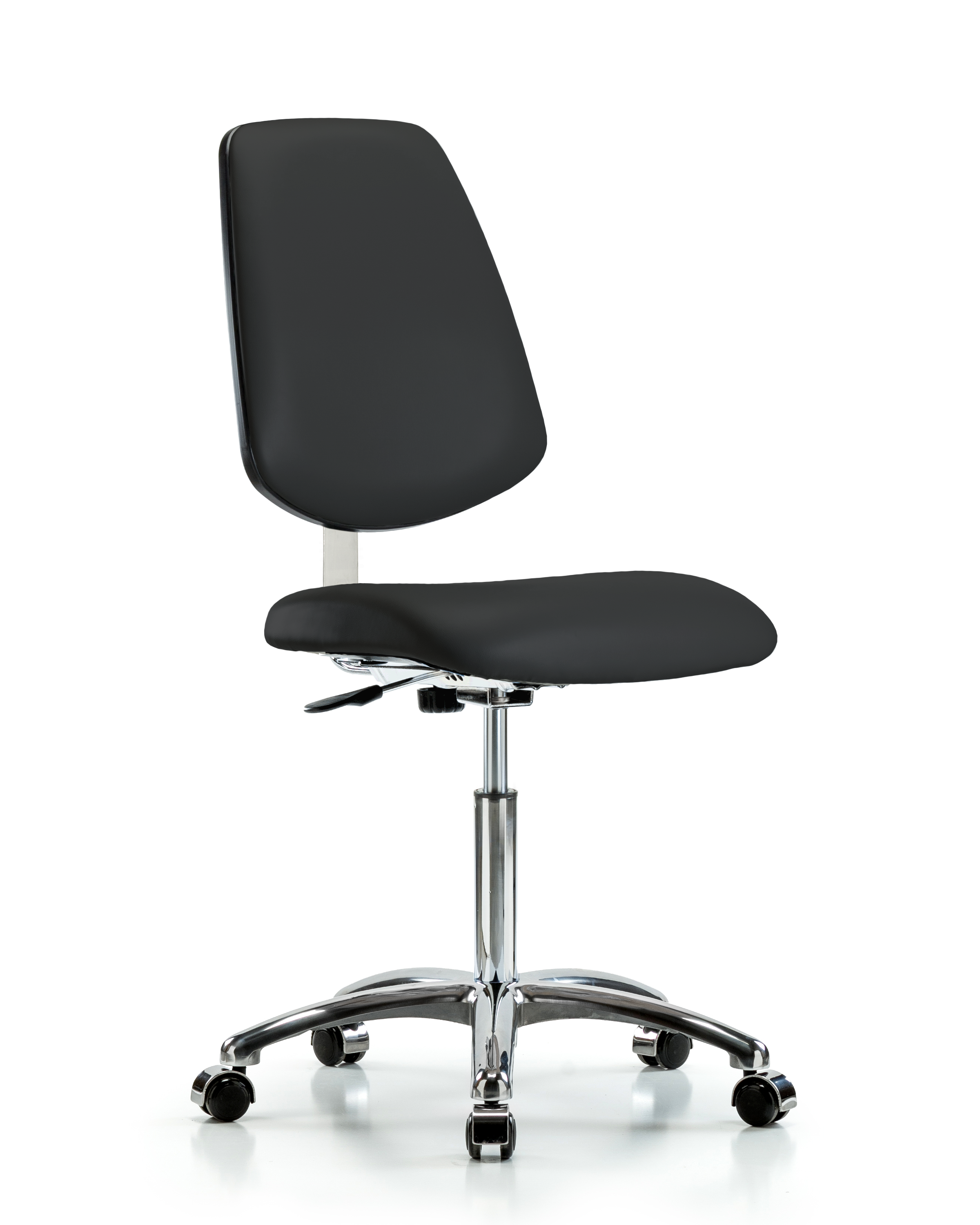 Class 10 Clean Room Vinyl Chair Chrome - Medium Bench Height with Medium Back & Casters in Black Trailblazer Vinyl
