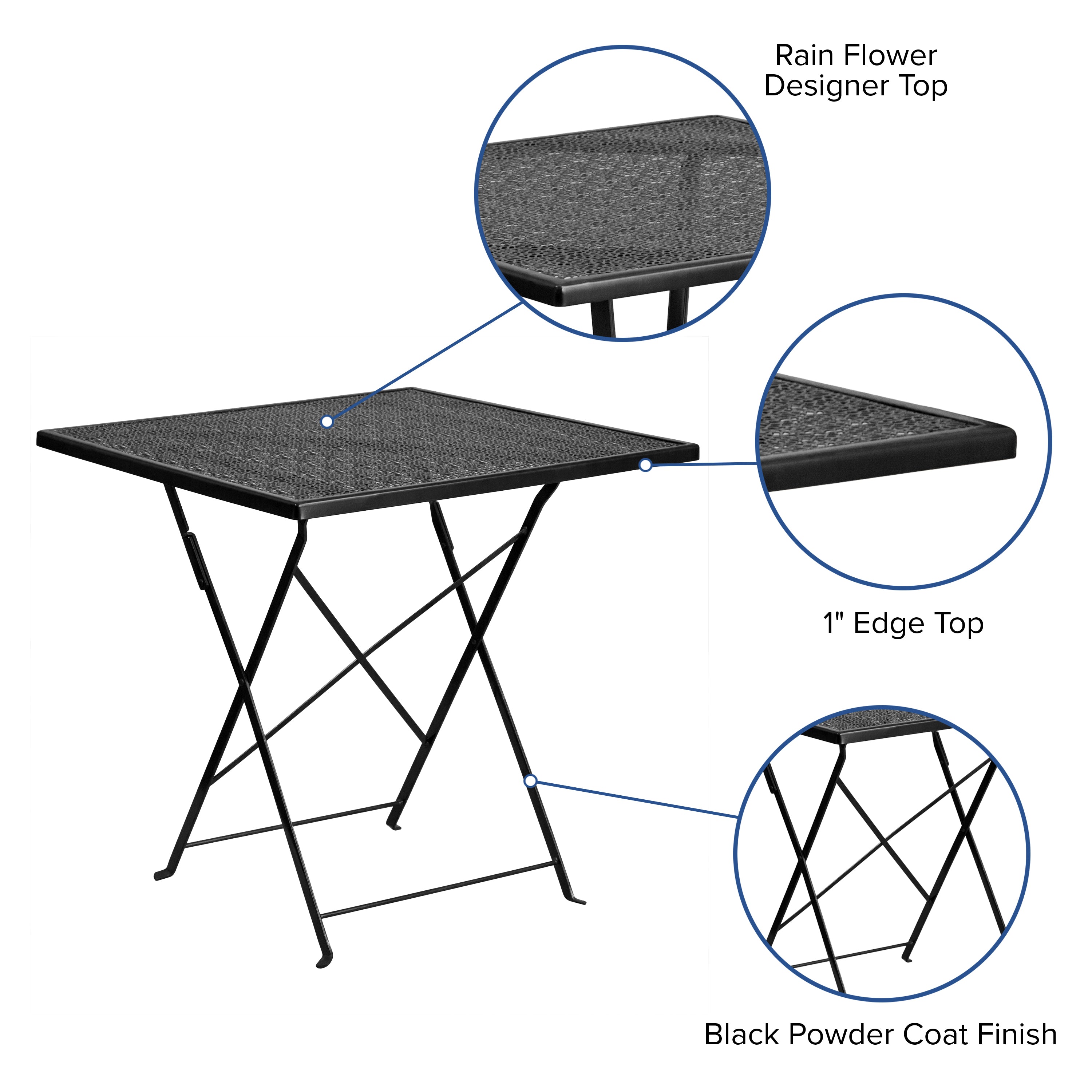 Oia Commercial Grade 28" Square Black Indoor-Outdoor Steel Folding Patio Table