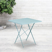 Oia Commercial Grade 28" Square Sky Blue Indoor-Outdoor Steel Folding Patio Table