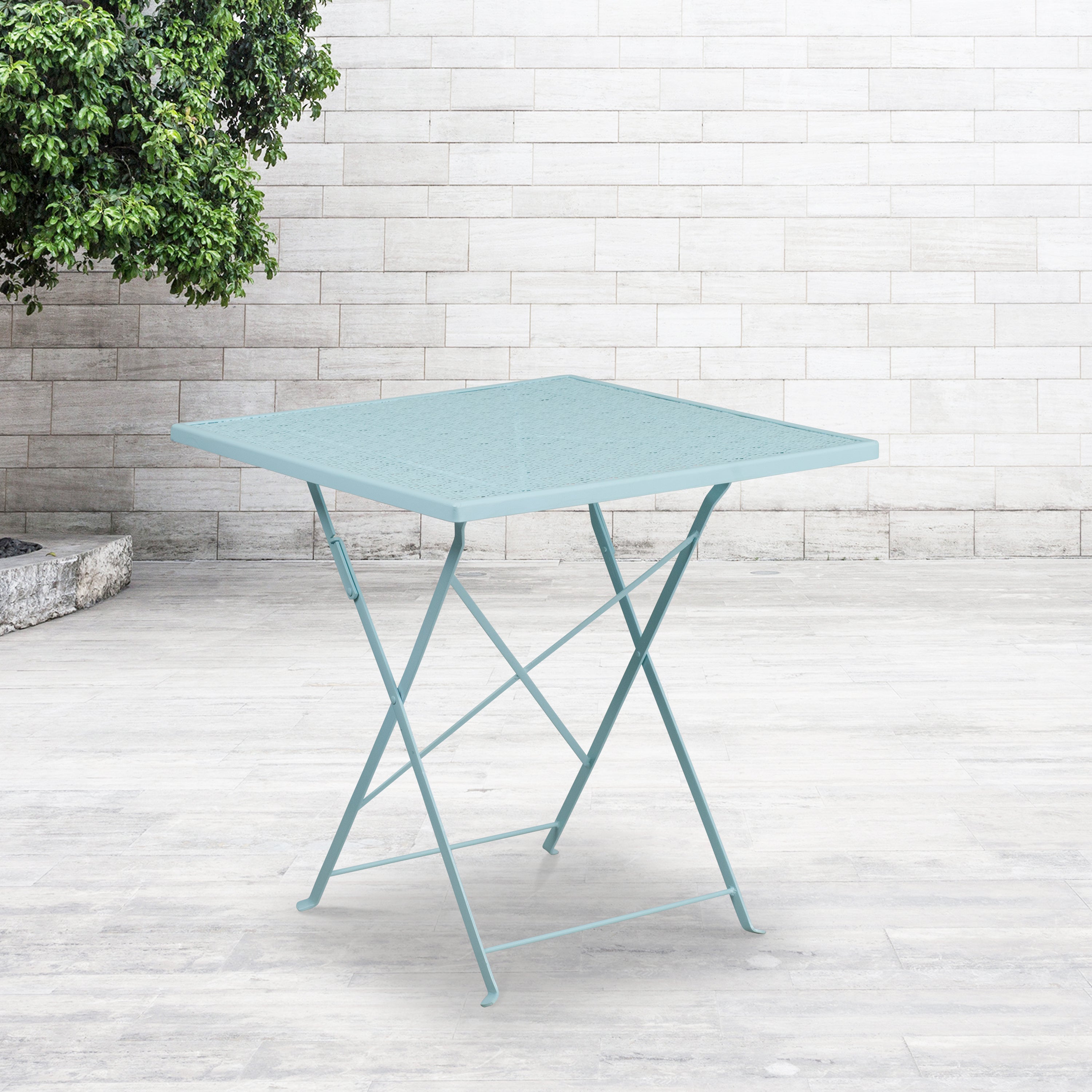 Oia Commercial Grade 28" Square Sky Blue Indoor-Outdoor Steel Folding Patio Table