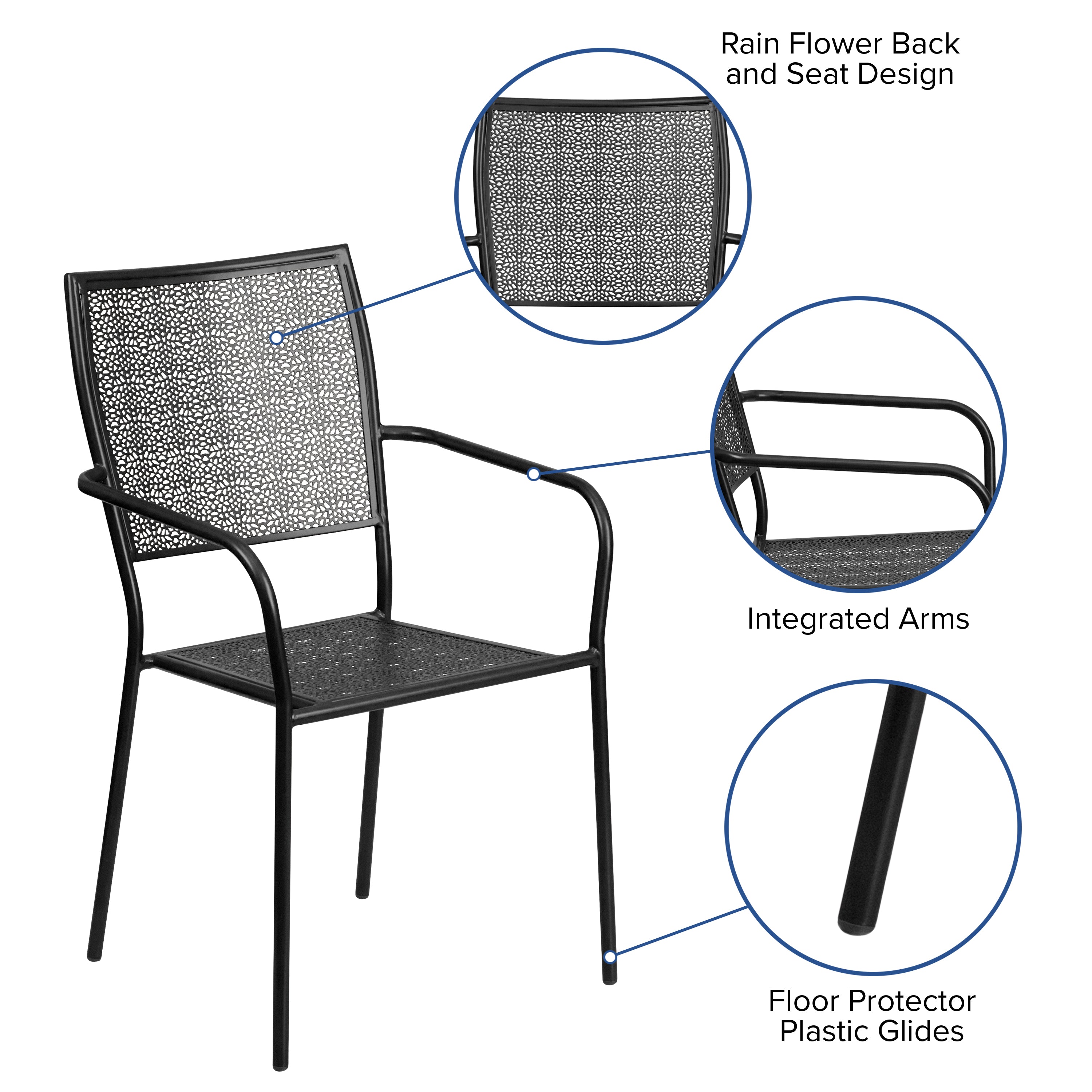 Oia Commercial Grade Black Indoor-Outdoor Steel Patio Arm Chair with Square Back