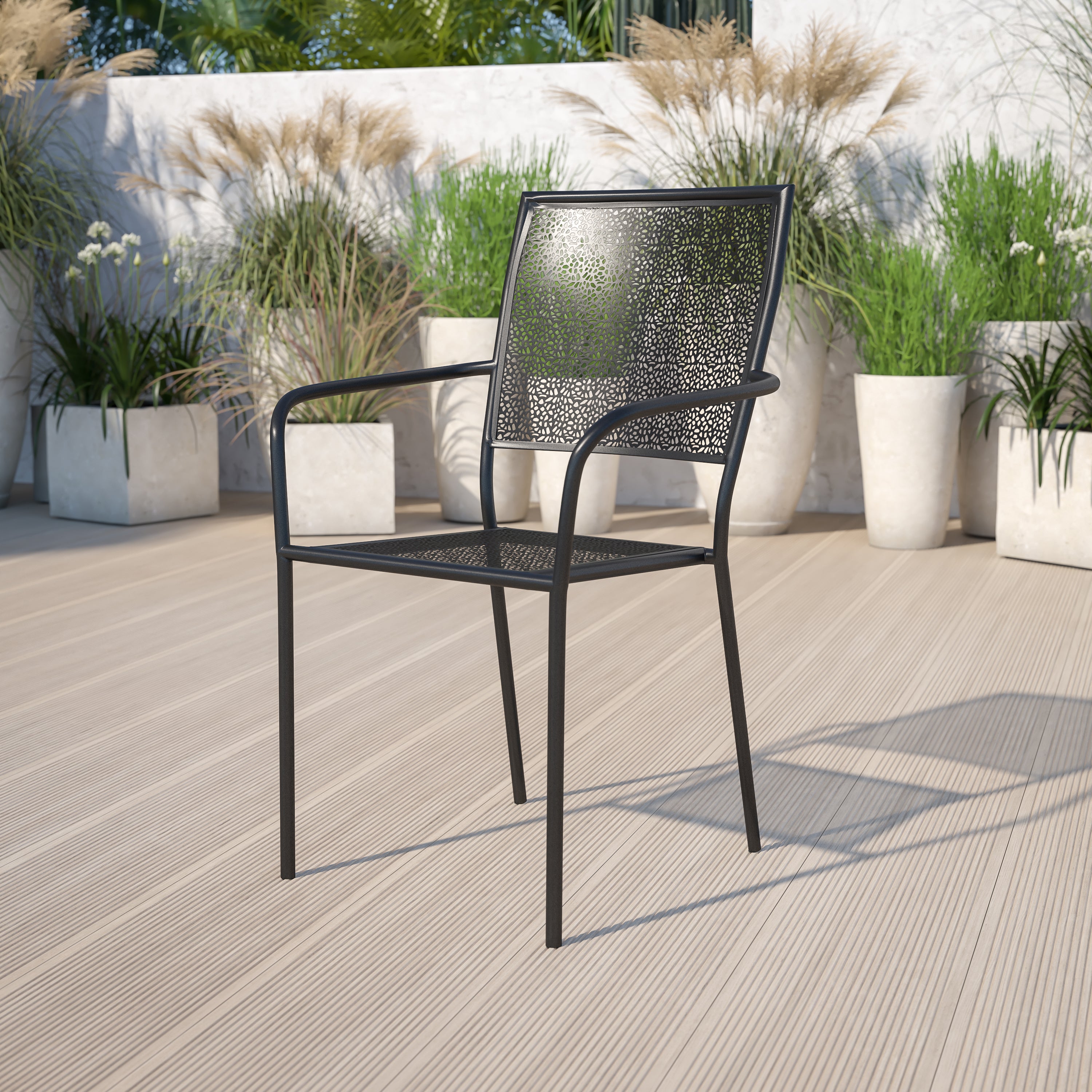 Oia Commercial Grade Black Indoor-Outdoor Steel Patio Arm Chair with Square Back