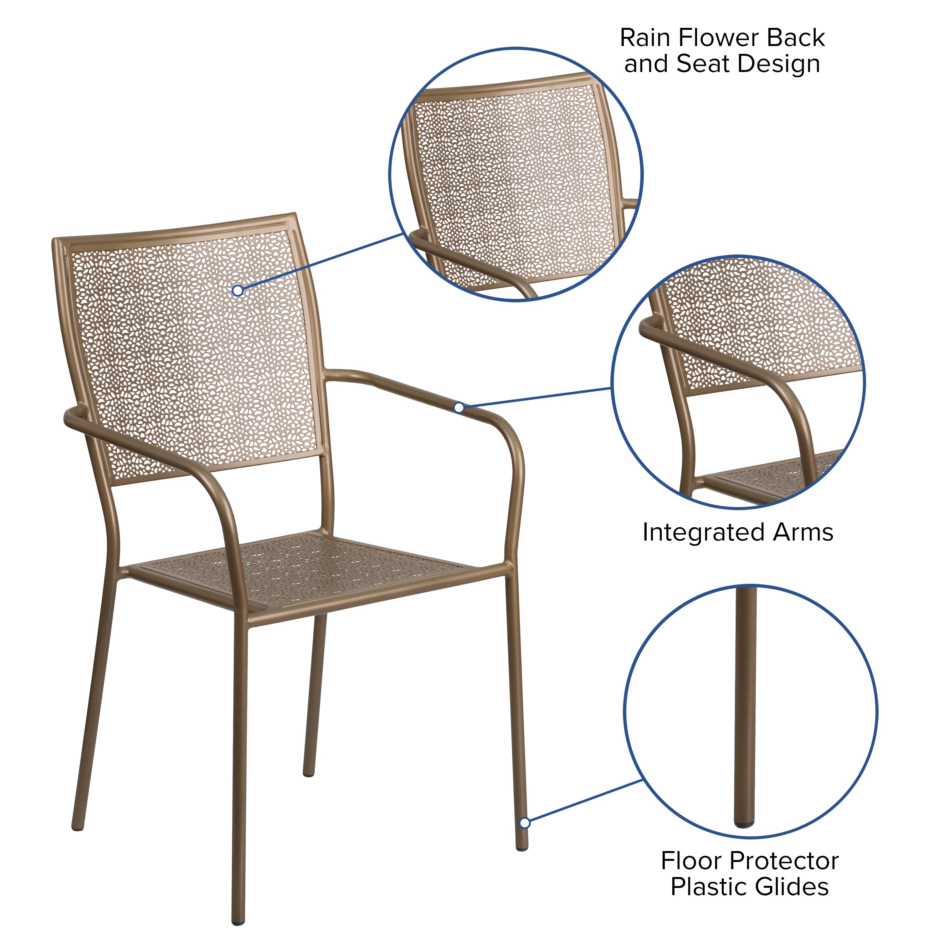 Oia Commercial Grade Gold Indoor-Outdoor Steel Patio Arm Chair with Square Back