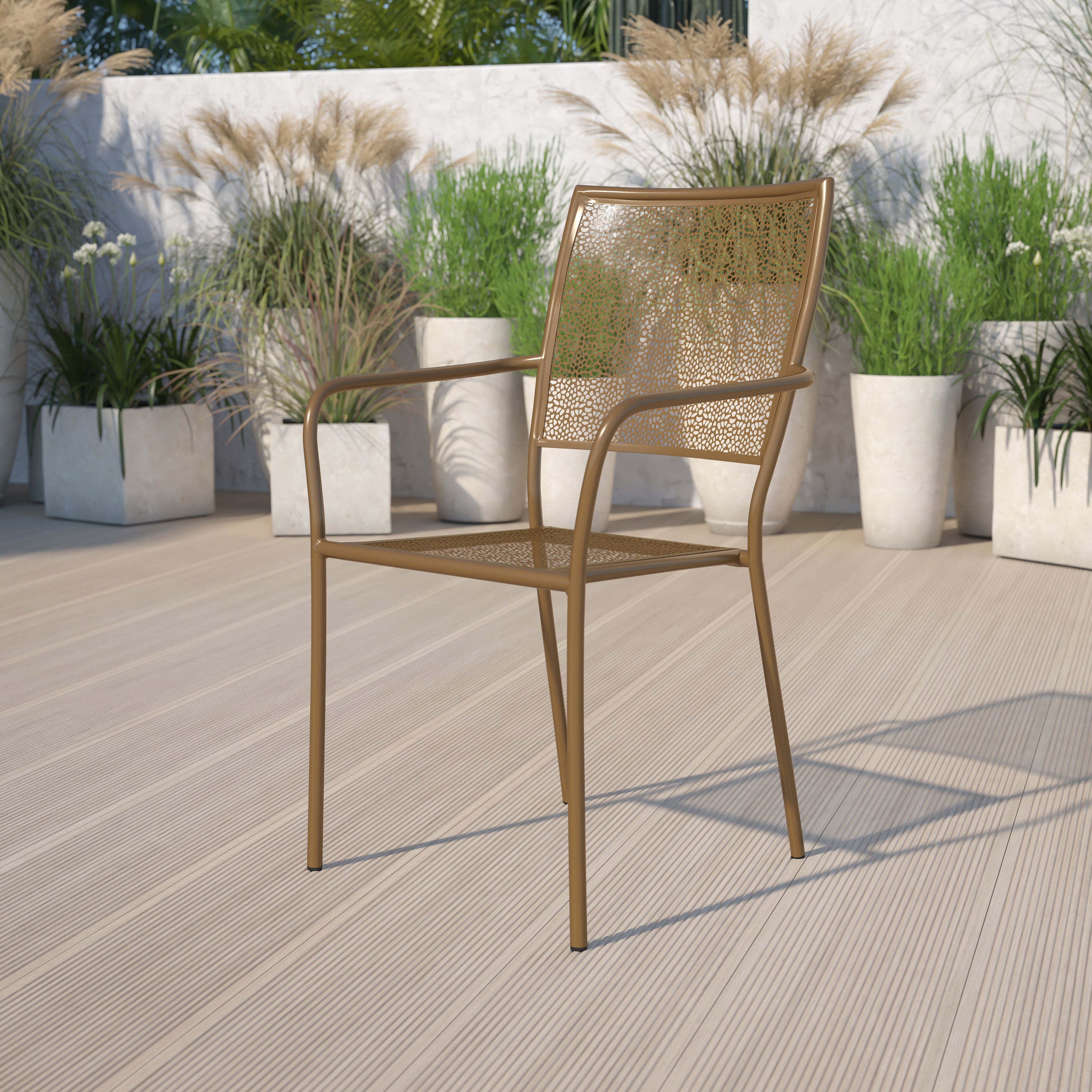 Oia Commercial Grade Gold Indoor-Outdoor Steel Patio Arm Chair with Square Back