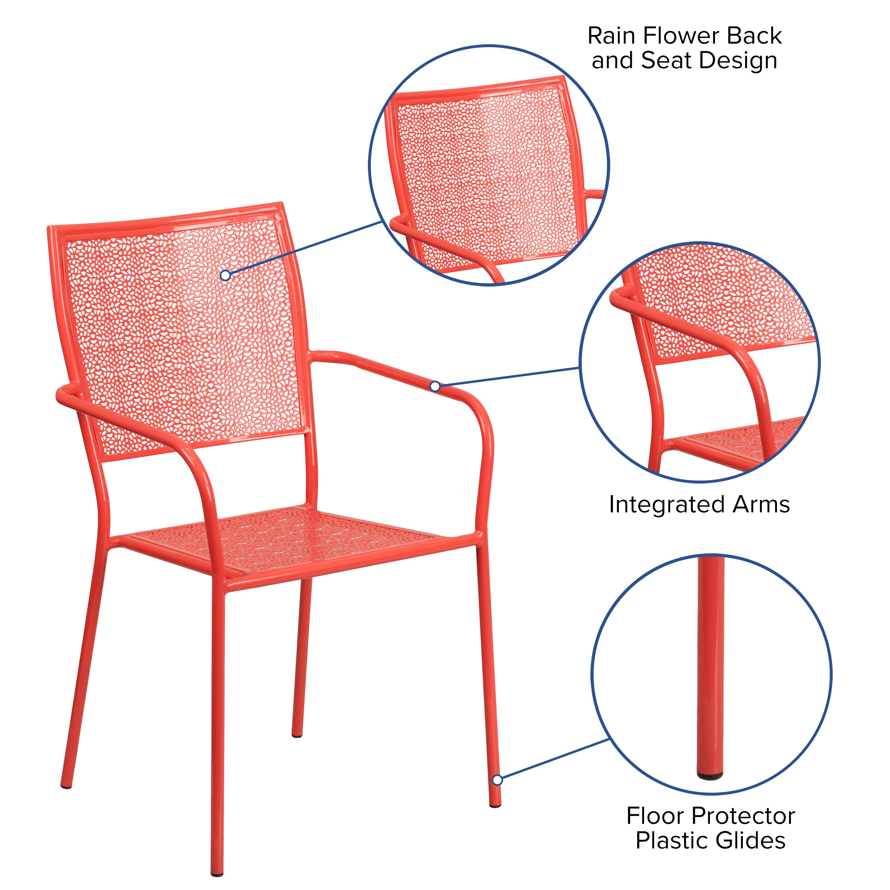 Oia Commercial Grade Coral Indoor-Outdoor Steel Patio Arm Chair with Square Back