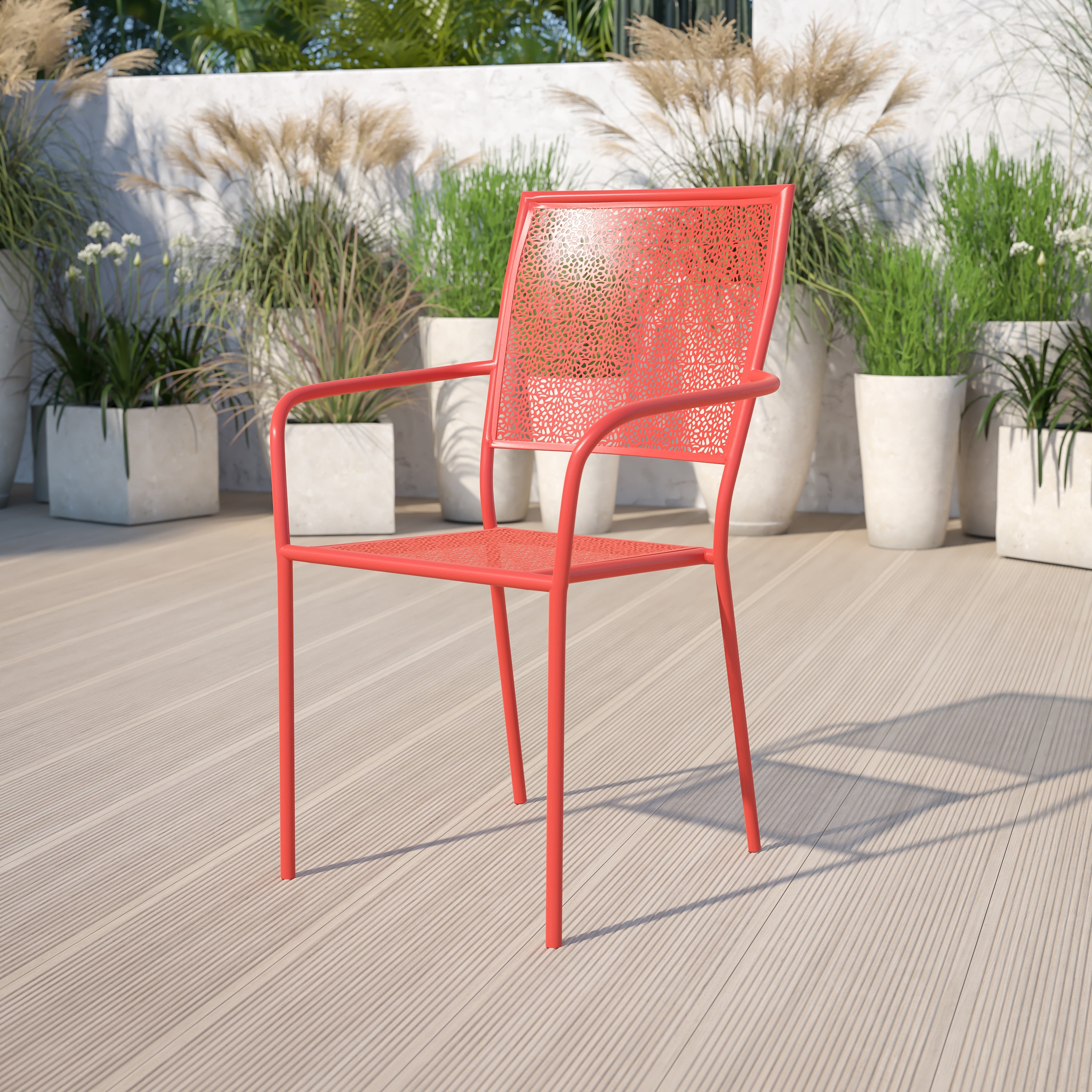 Oia Commercial Grade Coral Indoor-Outdoor Steel Patio Arm Chair with Square Back