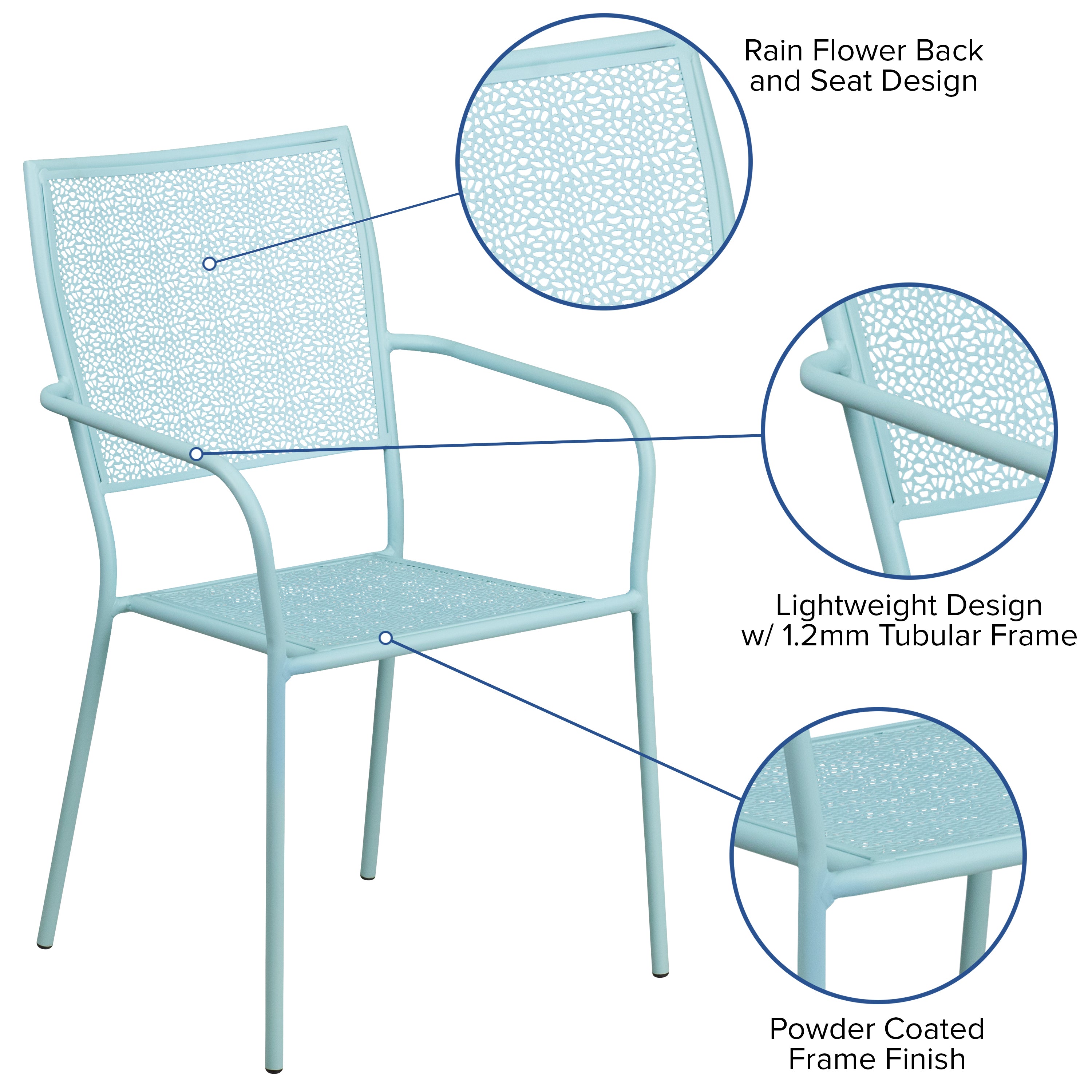 Oia Commercial Grade Sky Blue Indoor-Outdoor Steel Patio Arm Chair with Square Back
