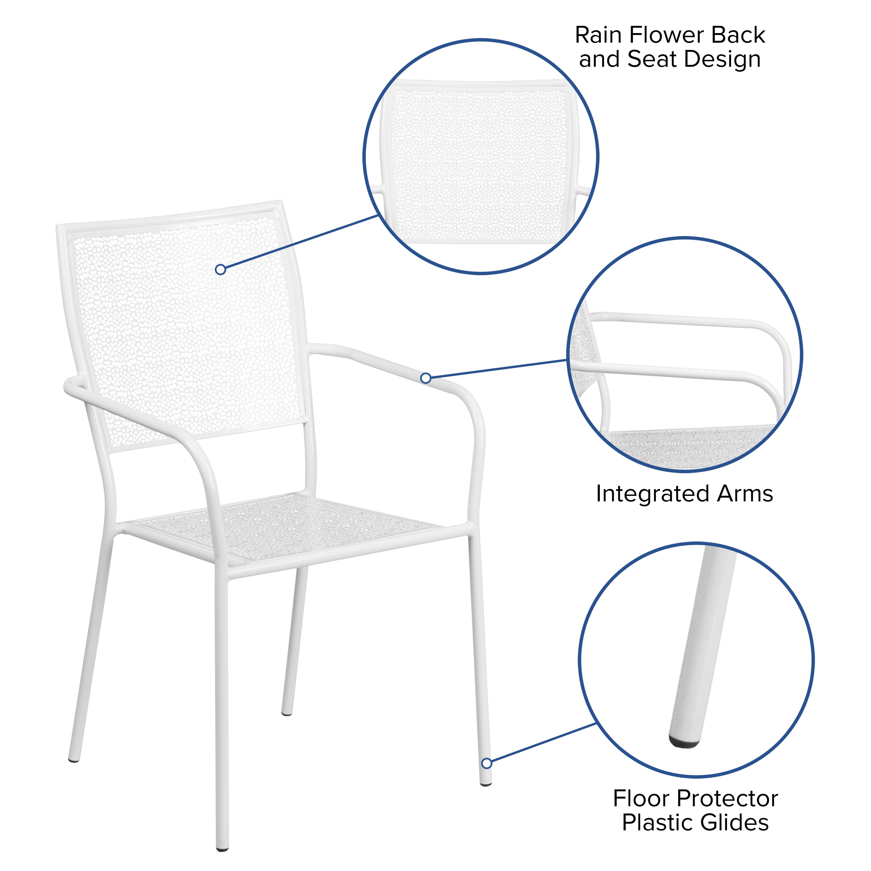 Oia Commercial Grade White Indoor-Outdoor Steel Patio Arm Chair with Square Back