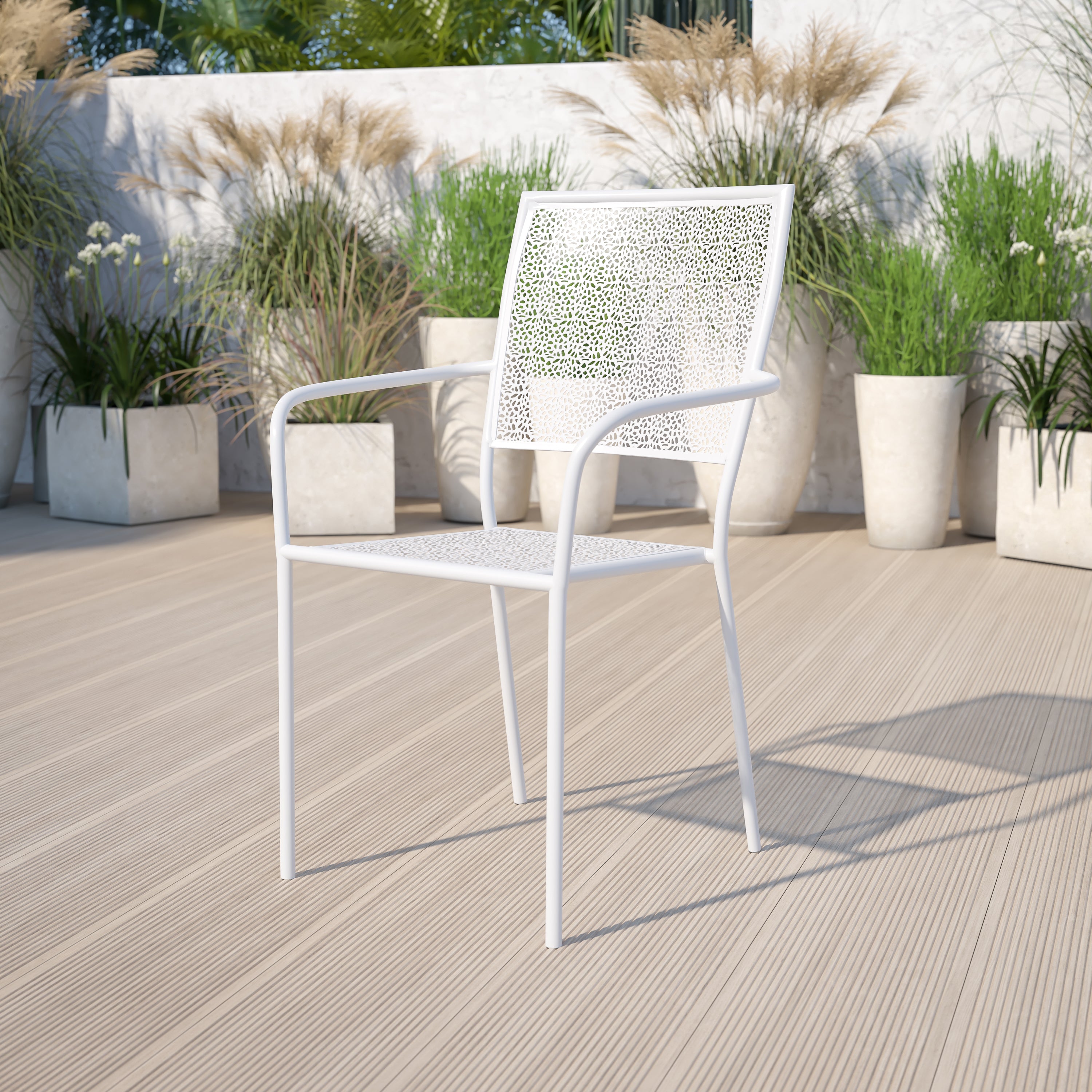 Oia Commercial Grade White Indoor-Outdoor Steel Patio Arm Chair with Square Back