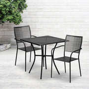 Oia Commercial Grade 28" Square Black Indoor-Outdoor Steel Patio Table Set with 2 Square Back Chairs