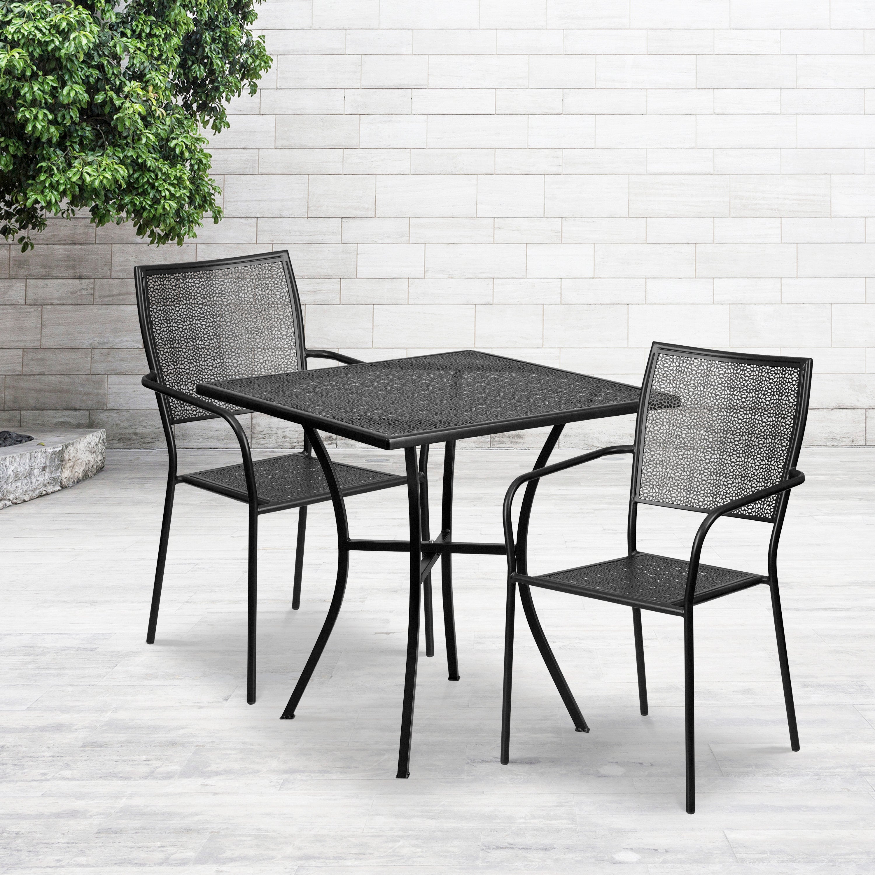 Oia Commercial Grade 28" Square Black Indoor-Outdoor Steel Patio Table Set with 2 Square Back Chairs