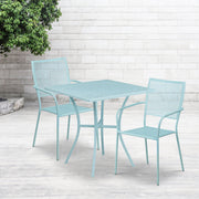Oia Commercial Grade 28" Square Sky Blue Indoor-Outdoor Steel Patio Table Set with 2 Square Back Chairs