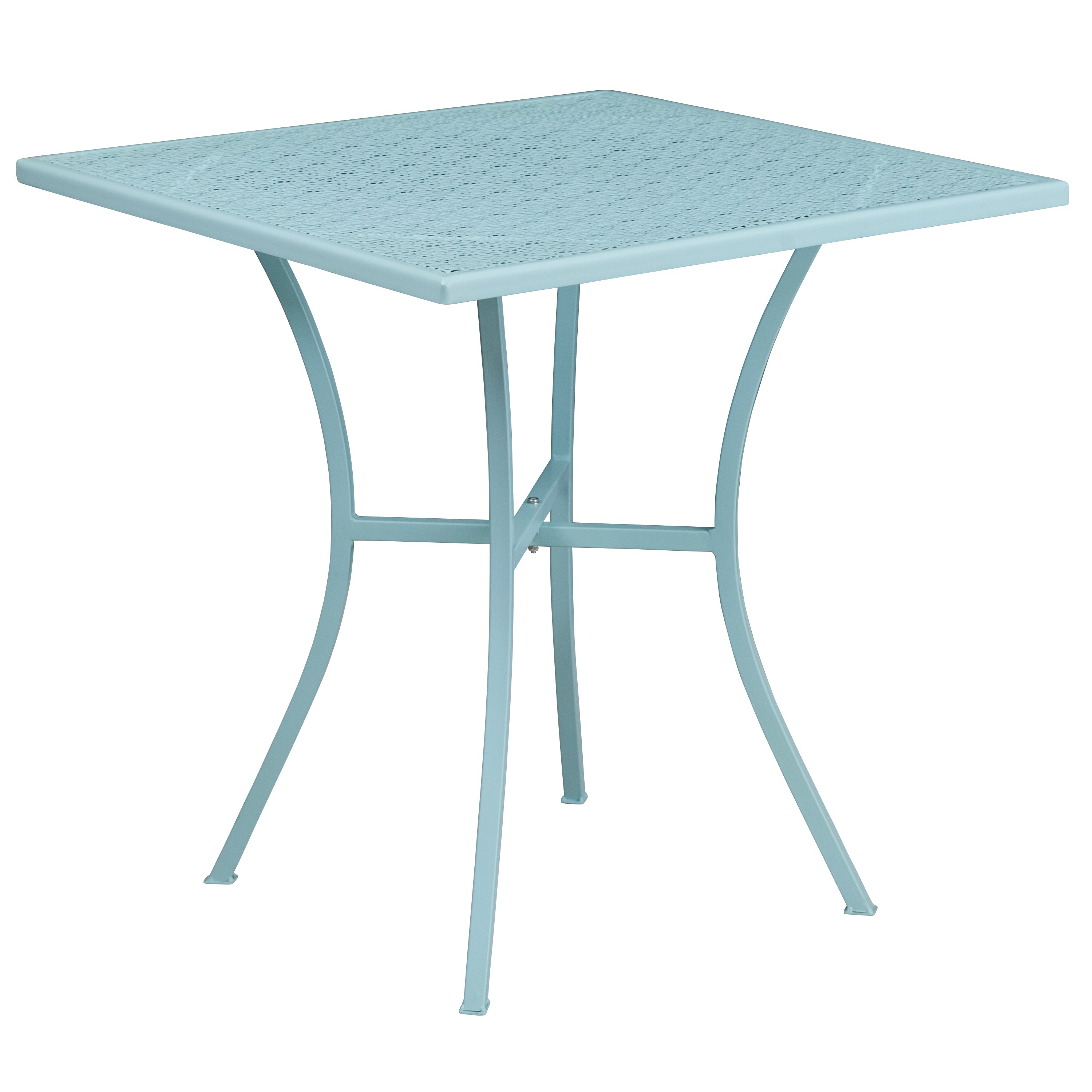 Oia Commercial Grade 28" Square Sky Blue Indoor-Outdoor Steel Patio Table Set with 2 Square Back Chairs