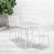 Oia Commercial Grade 28" Square White Indoor-Outdoor Steel Patio Table Set with 2 Square Back Chairs