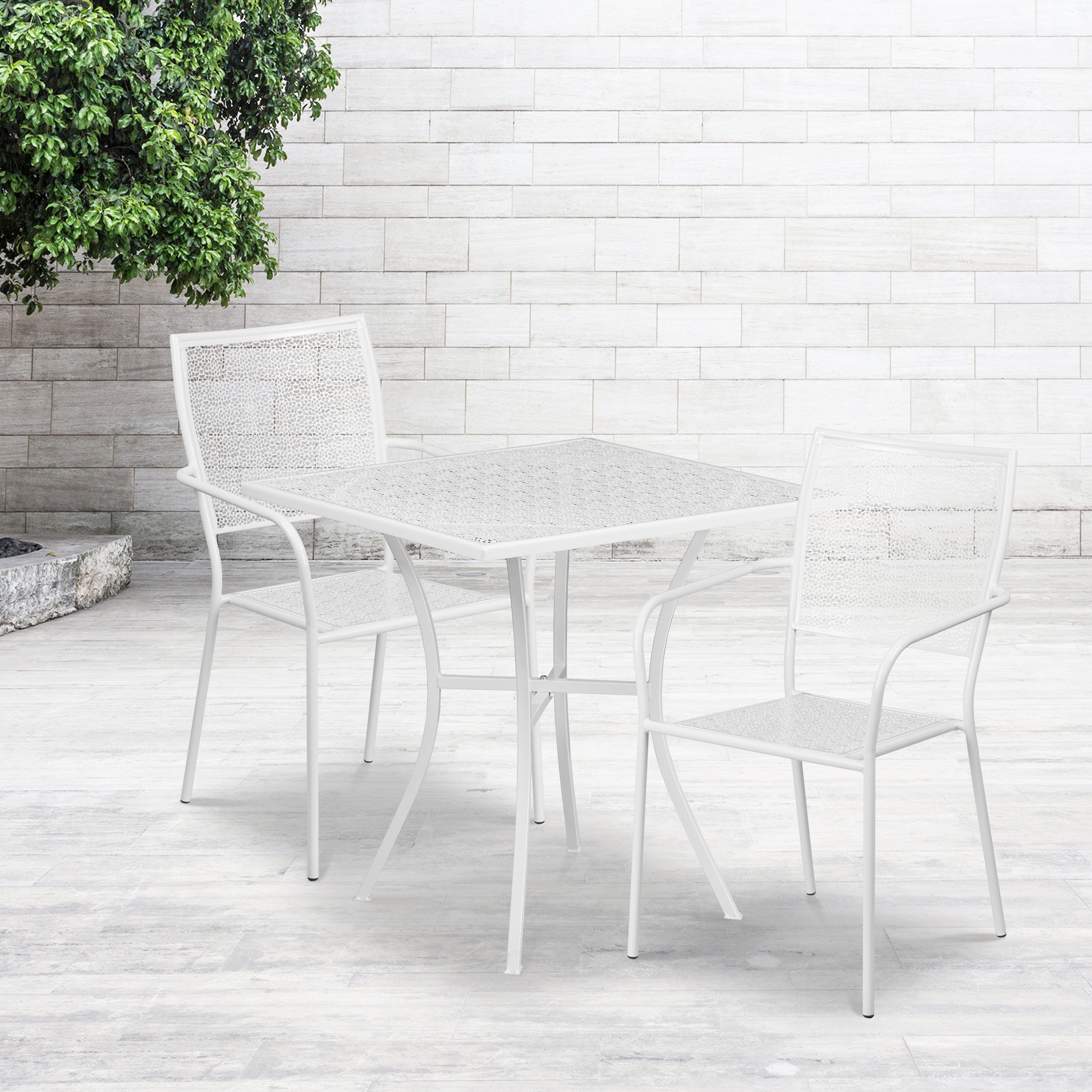 Oia Commercial Grade 28" Square White Indoor-Outdoor Steel Patio Table Set with 2 Square Back Chairs