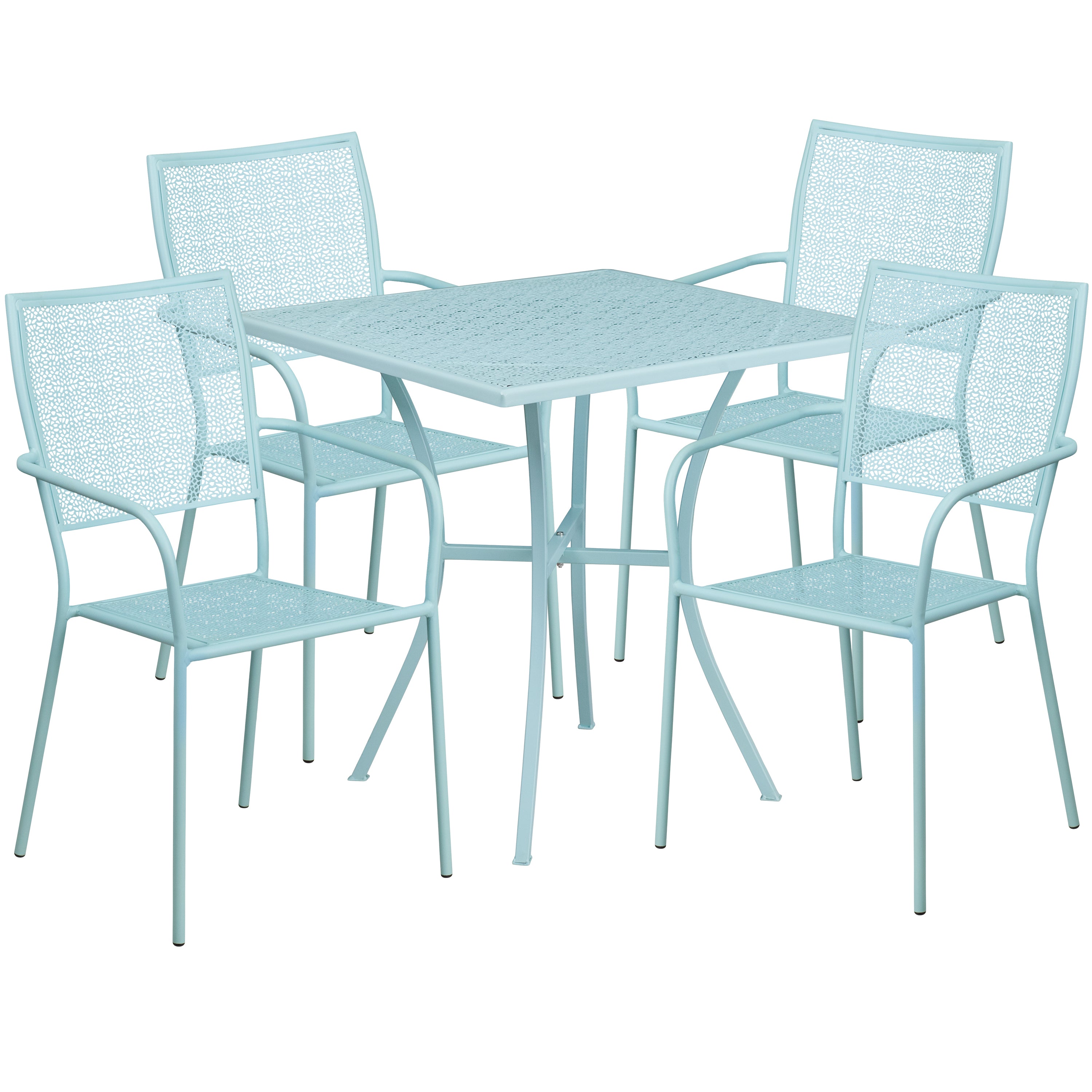 Oia Commercial Grade 28" Square Sky Blue Indoor-Outdoor Steel Patio Table Set with 4 Square Back Chairs