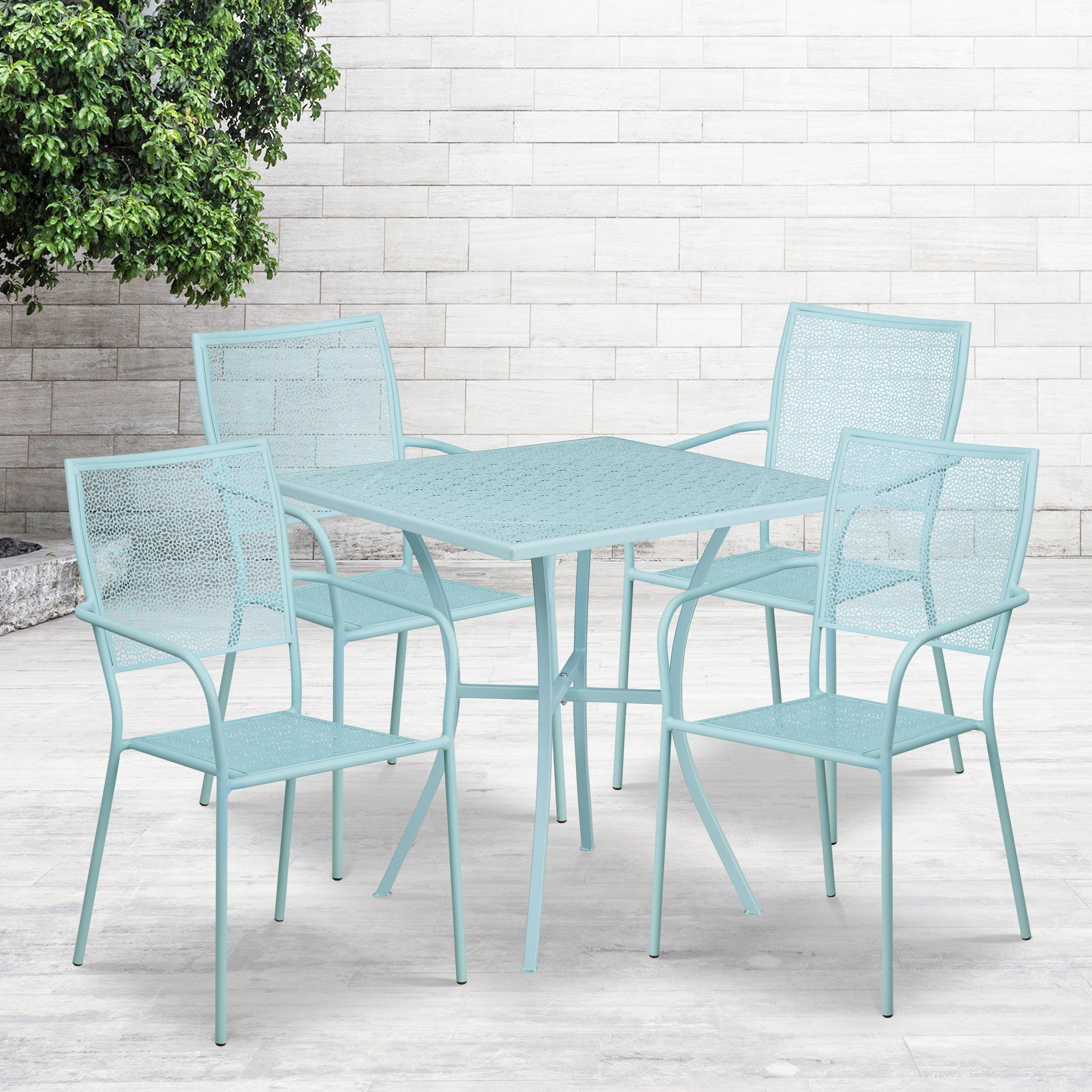 Oia Commercial Grade 28" Square Sky Blue Indoor-Outdoor Steel Patio Table Set with 4 Square Back Chairs