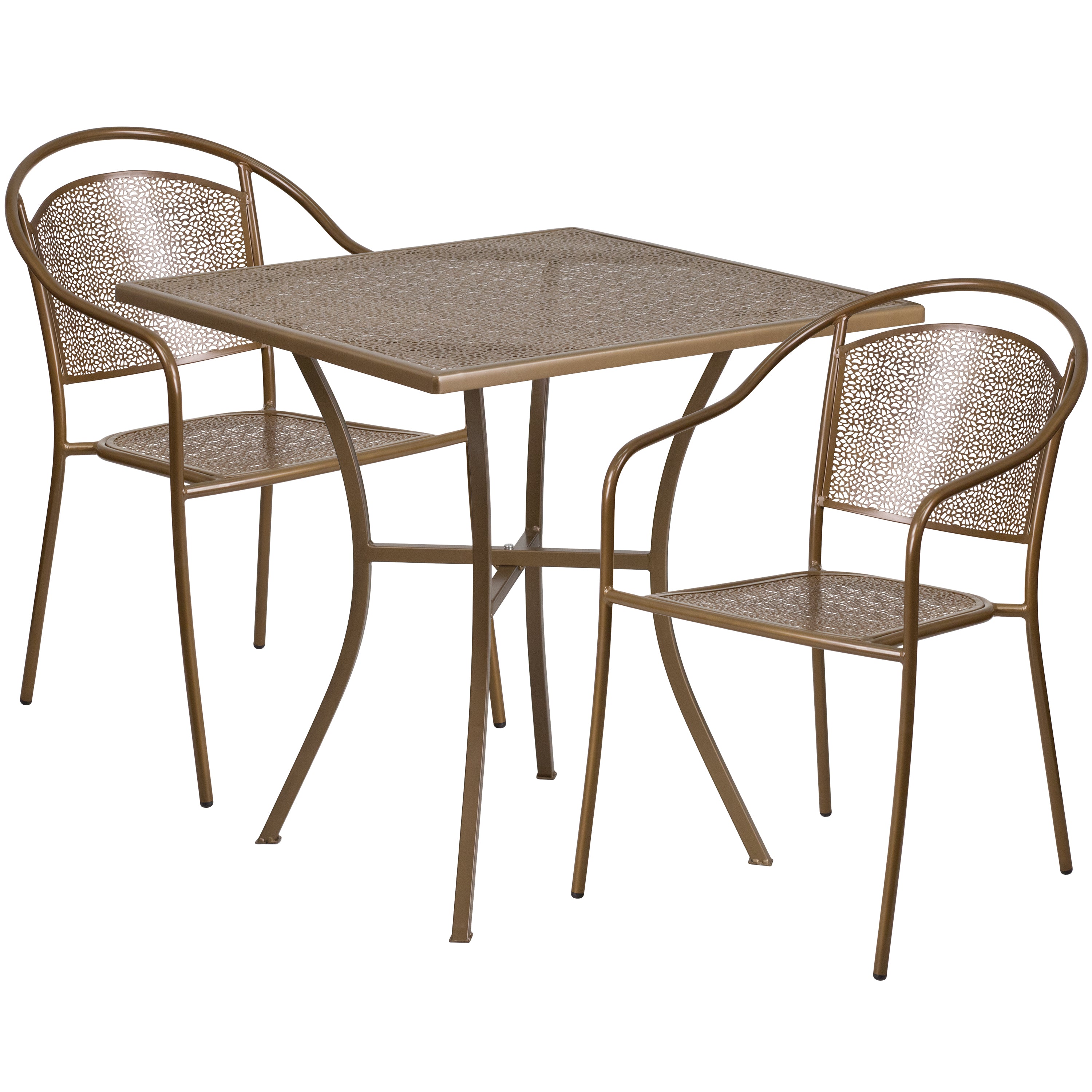 Oia Commercial Grade 28" Square Gold Indoor-Outdoor Steel Patio Table Set with 2 Round Back Chairs