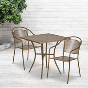 Oia Commercial Grade 28" Square Gold Indoor-Outdoor Steel Patio Table Set with 2 Round Back Chairs
