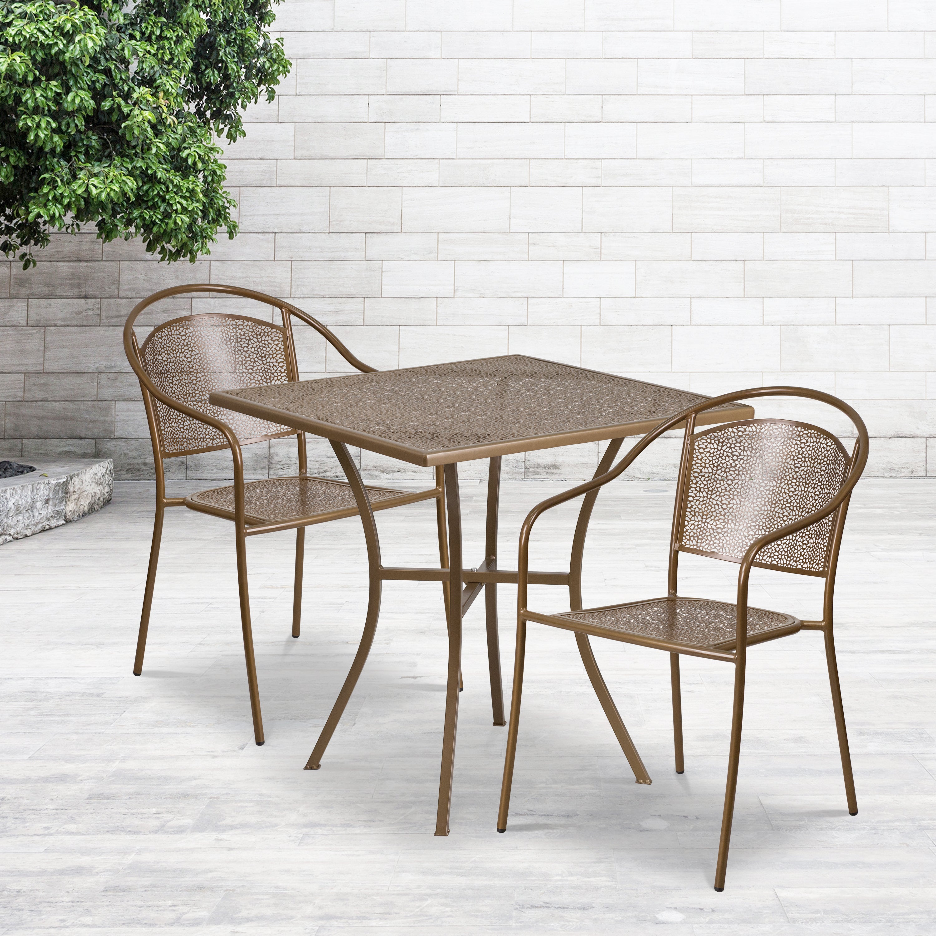 Oia Commercial Grade 28" Square Gold Indoor-Outdoor Steel Patio Table Set with 2 Round Back Chairs
