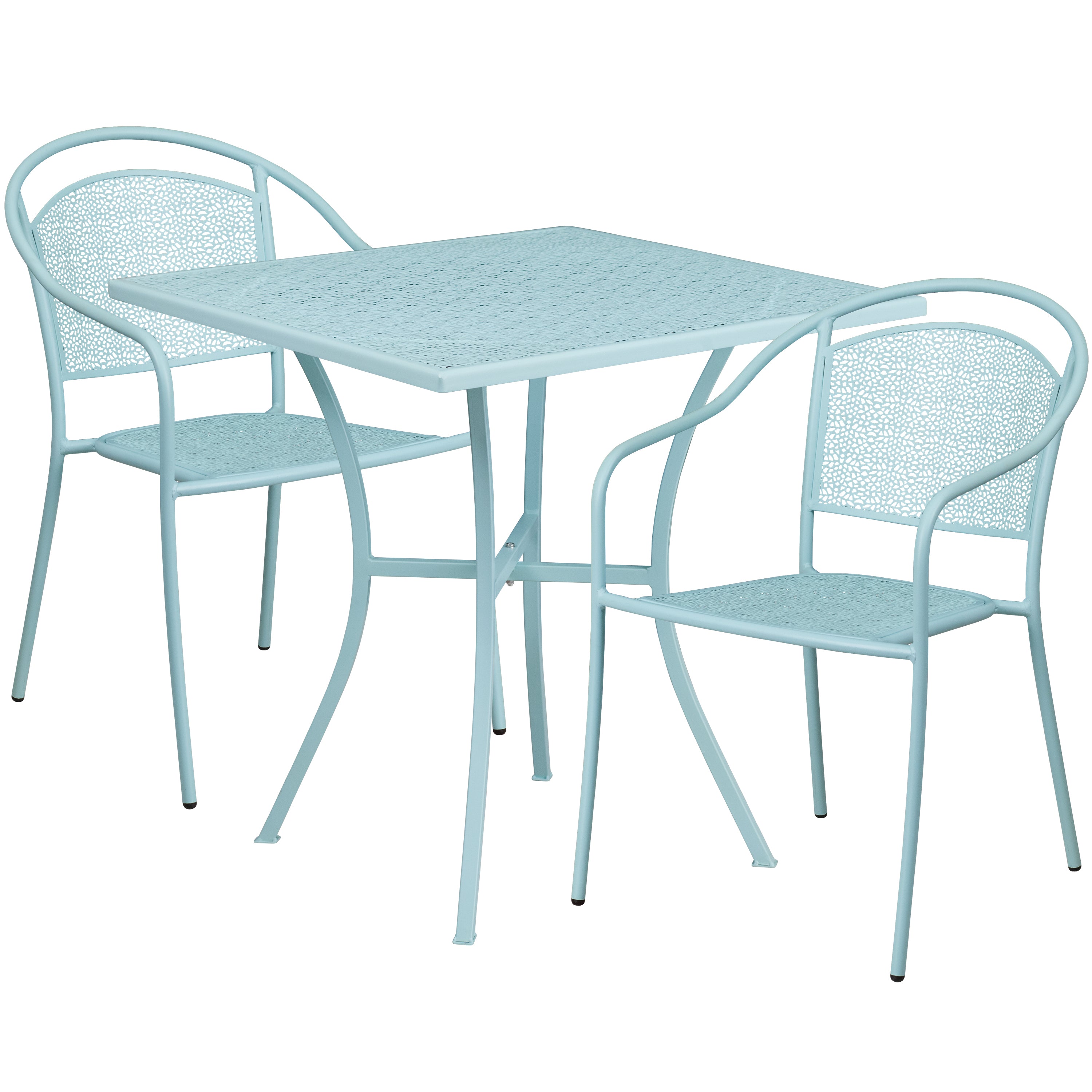 Oia Commercial Grade 28" Square Sky Blue Indoor-Outdoor Steel Patio Table Set with 2 Round Back Chairs